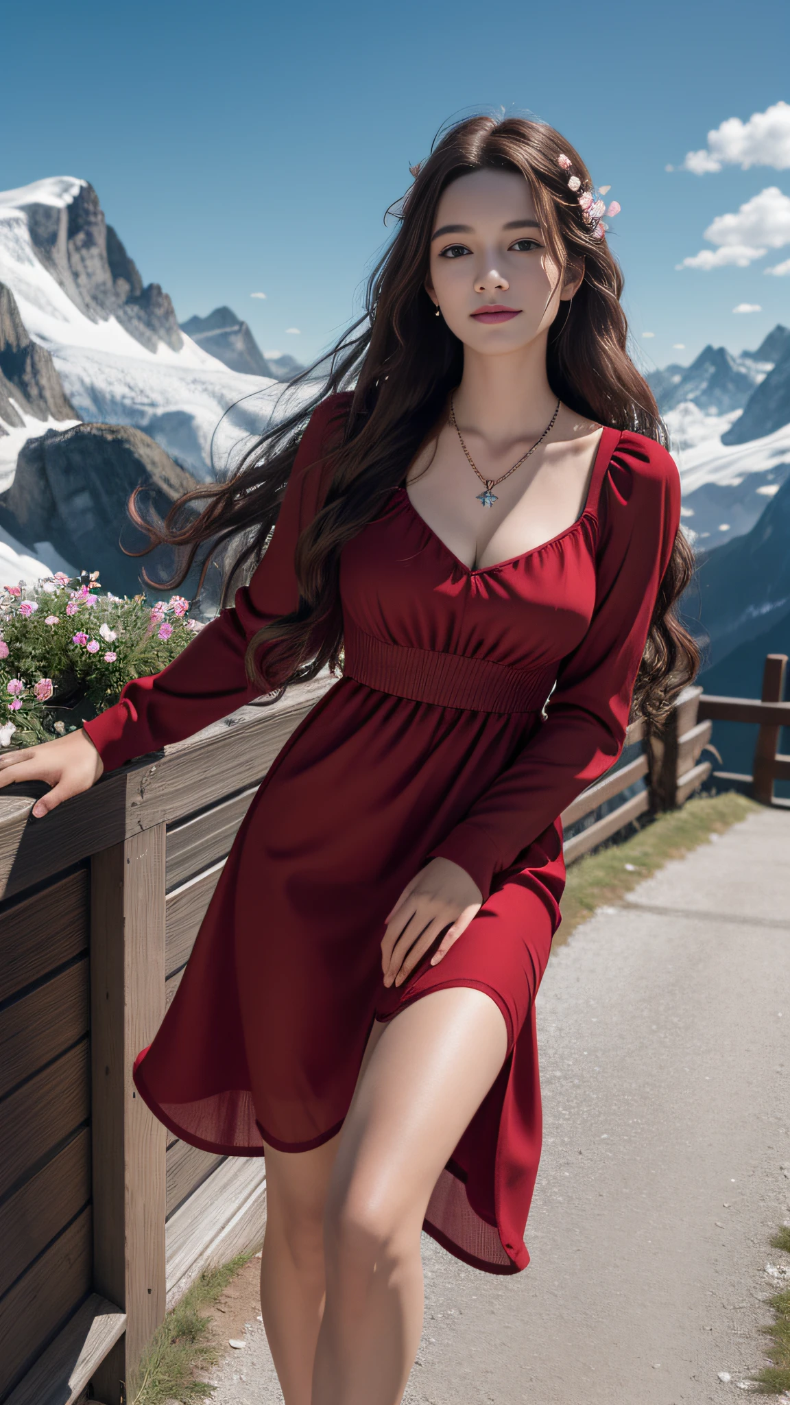 masterpiece,ultra realistic,32k,extremely detailed CG unity 8k wallpaper, best quality,
The Swiss Alps, Switzerland, ( Dark red A-line dress ) ,((spring day )), Beachy waves with a side part ,eardrop,lady ,necklace,