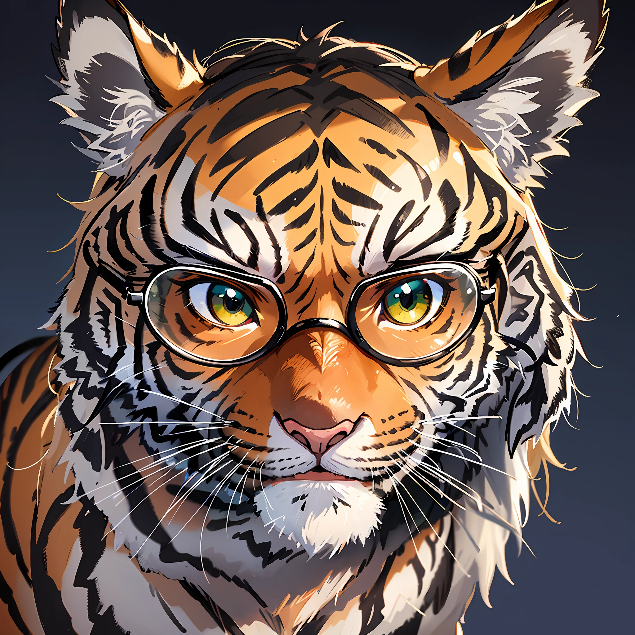 ((tiger)), ((black-rimmed glasses)), front, background white, face only, smile