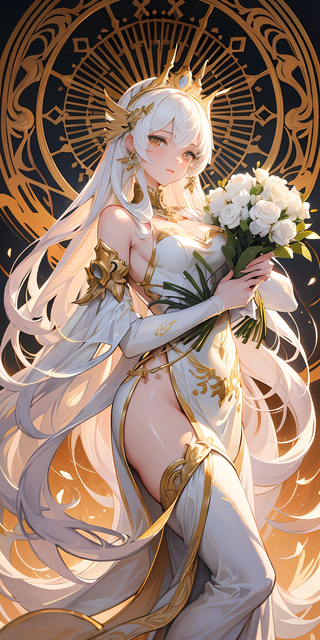 a delicate gilded (white marble statue:1.3) of a stunning woman, holding a bouquet of gilded tulips, highly detailed, sublime shapes, fluid colors, color explosion, lavish, intricate fine decorations, anime style, watercolor, perfectly structured, volumetric natural lighting, golden hour, dynamic angle and composition, natural proportions, good anatomy, depth of field, done in Ibis Paint X, 2d illustration,