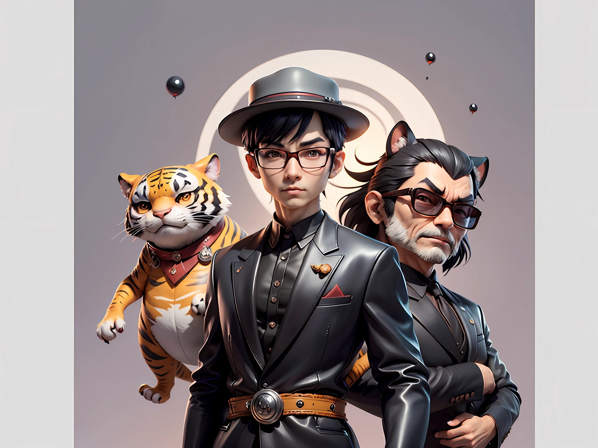 Young man with oriental face in leather hat, tiger, oriental face in formal suit, short black hair, silver glasses, digital painting, 3D character design by Mark Clairedon and Pixar and Hayao Miyazaki and Akira Toriyama, the illustration is a high-definition illustration in 4K resolution with very detailed facial features and cartoon-style visuals.