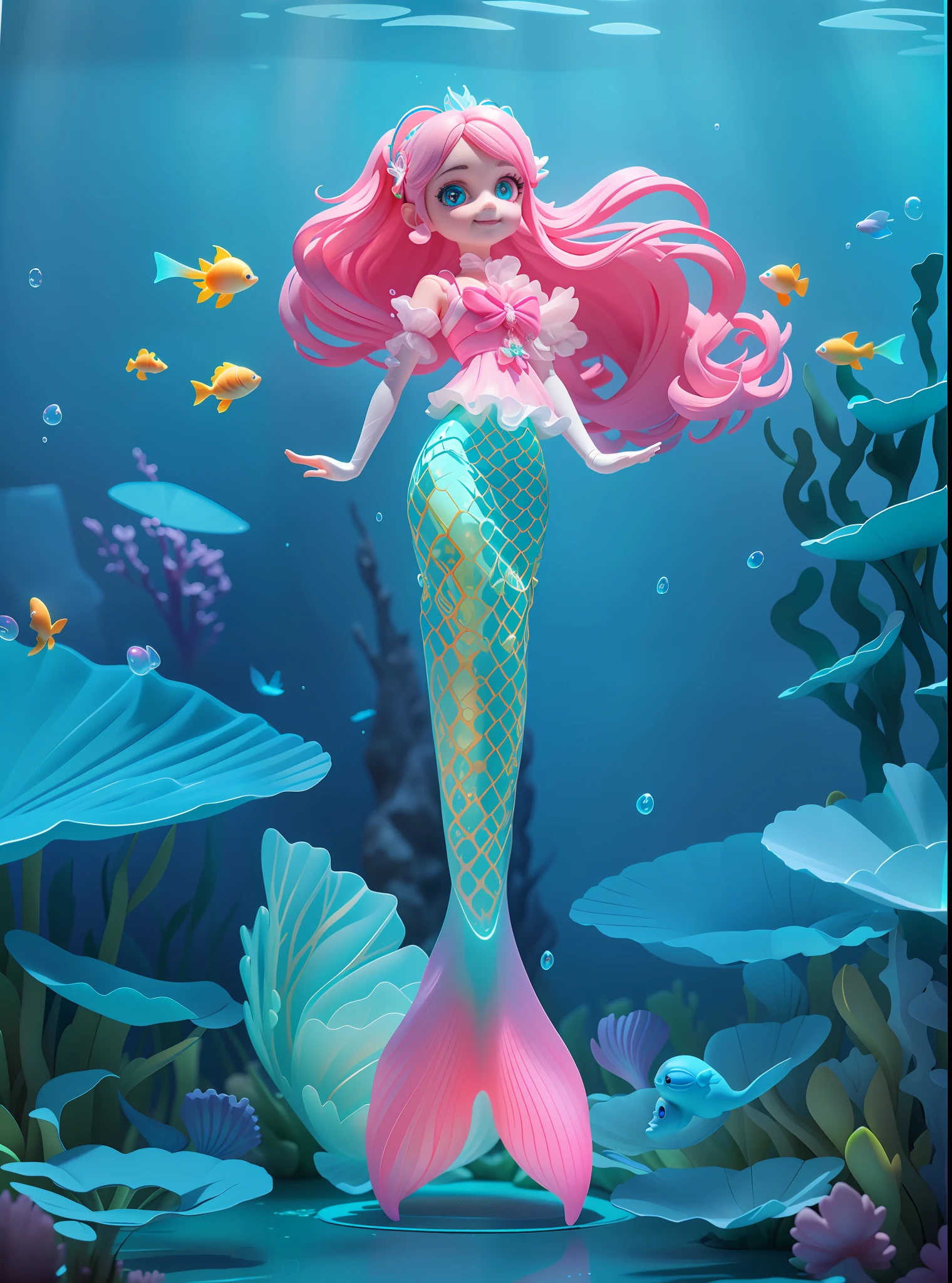 Detailed plastic material, masterpiece, best quality, (very detailed model), (best quality), octane rendering, ray tracing, very detailed, 3d toy, (fish tail) exaggerated huge hair, mermaid, fish tail, smile, little girl, perfect face, (full body) (3D hair, cute hair accessories, ((Tyndall light)), beautiful eyes, cute big eyes, cute face, pink green gradient, chib, fluorescent translucent, colorful, plastic, transparent, product design, glowing jelly, Delicate and cute plastic, beautiful light and shadow 3d, digital art, translucent plastic bubblegum, close-up, 3d, super detailed, c4d, octane rendering, blender, hd, full body, underwater background! (Extremely detailed details) (masterpiece) (stand up straight) smile, tight glowing clothes, underwater background, underwater blisters, glowing fish, elegant face, beautiful face, delicate hands, delicate and delicate hands, elegant face, graceful face, finely carved face, pupils clearly visible, white eyeballs, dark eyes, pink hair translucent, delicate fine arms, perfect eyes, delicate eyes, extremely detailed eyes