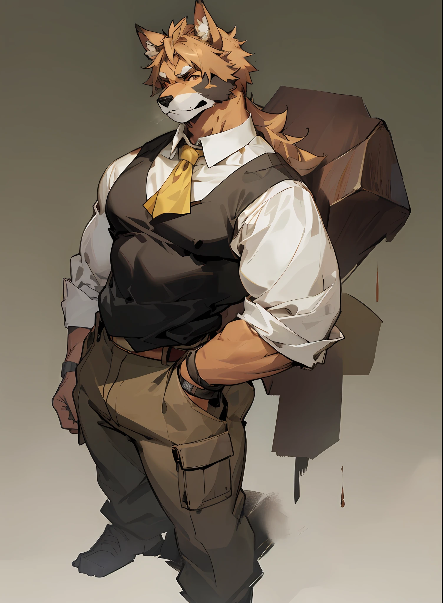 man with a dog face, dog, light brown fur, caramel, drooping ears, closed expression, soil, dark blonde, full body, wearing tank top, skin detailes, man with a dog mask on his head, brown fur, caramel, drooping ears, closed expression, a character portrait inspired by Caspar Wolf, trend in deviantart, furry art, furry chest,  furry fursona, furry character, furry body, furry neck a