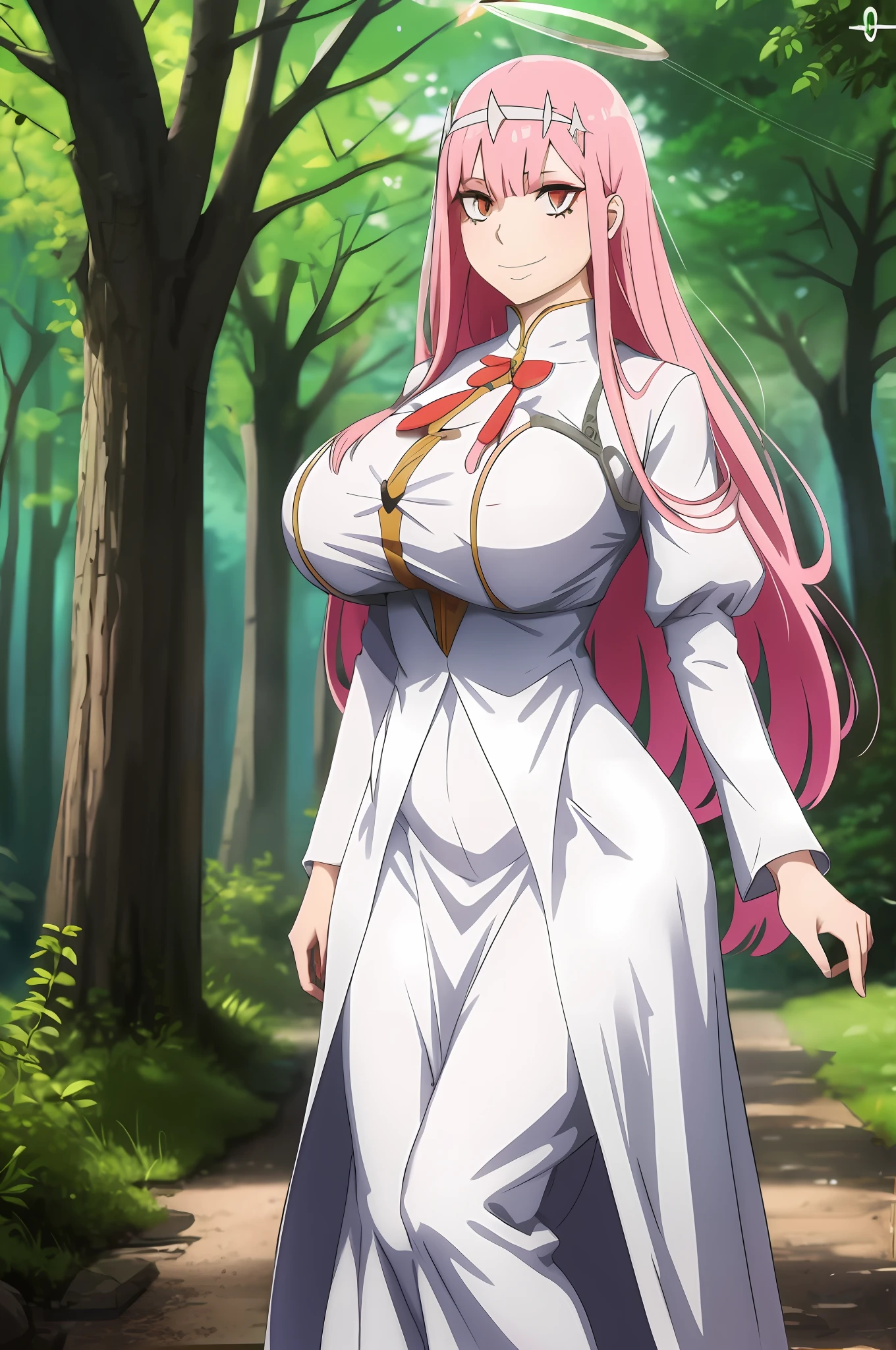 long dress, oni girl, zero two, white dress, white dress, angel halo, rainbow halo, full body, portrait, medium breast, walking, forest, coat, vest, buttlern long skirt, Victorian fabrics, smile ,happy