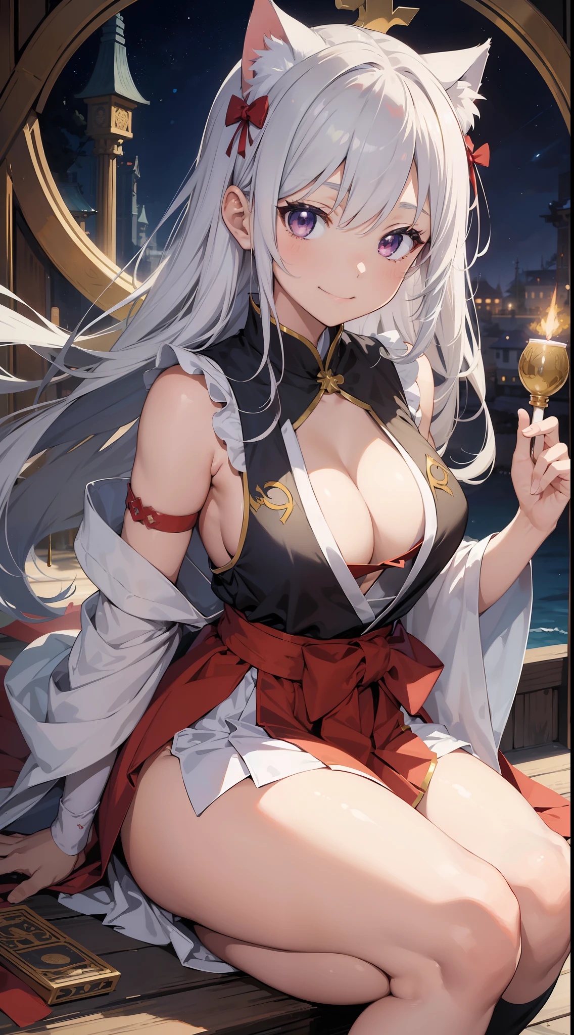 (Masterpiece), (Highest Definition Anime Illustration), (Super Definition), One Girl, Solo, Beautiful Girl with Silver Hair, Anime , Cat Ear Loliiestess Loli, Press Red and White Hakama, Sleeveless, Smile, Cleavage Emphasis, Side Boob, Thighs, Tarot Card Style, Sakura