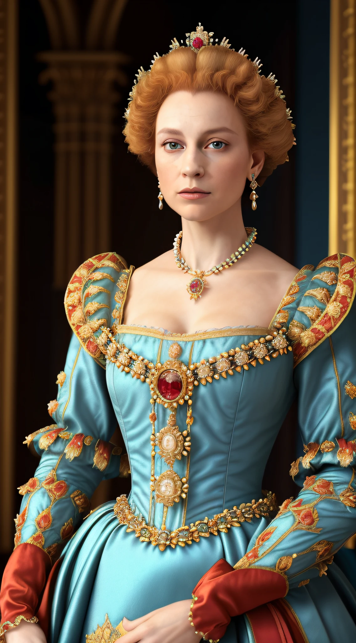 (masterpiece, best quality, CGI, official art:1.2, greg rutkowski style:1.2), Queen Elizabeth I, proud and intelligent, (majestic Elizabethan attire:1.4), gold embroidered gown, radiant pearls, crown jeweled with rubies and diamonds, (keen blue eyes:1.2), focused lighting illuminating details, richly textured tapestry backdrop, looking at viewer.