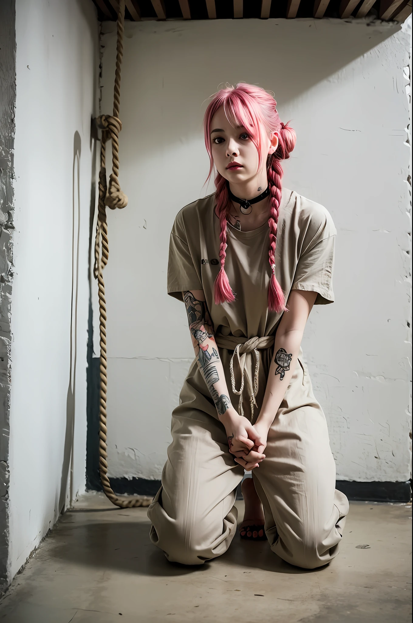 (8k:1.27), best quality, masterpiece, ultra highres:1.2), lesbian delinquent girl with dyed hair andnarm tattoos, tattooed girl, full body picture, dirty old white oversized knotted prisoner t-shirt, dirty big t-shirt, short big sleeves, beige prisoner pants tied with a rope, wearing dirty old goth clothes, long pink hair pulled back and messy bun, kneeling in a prison cell next to a noose, handcuffed, hands tied with rope behind body, submissive neck choker and checkered keffiyeh scarf in neck, 4k or 8k picture, looking at the floor down very sad, very sad face, praying, paisley bandana pirate style headscarf, smelly, barefoot, rope noose hanging from ceiling, tattooed body, noose rope hanging