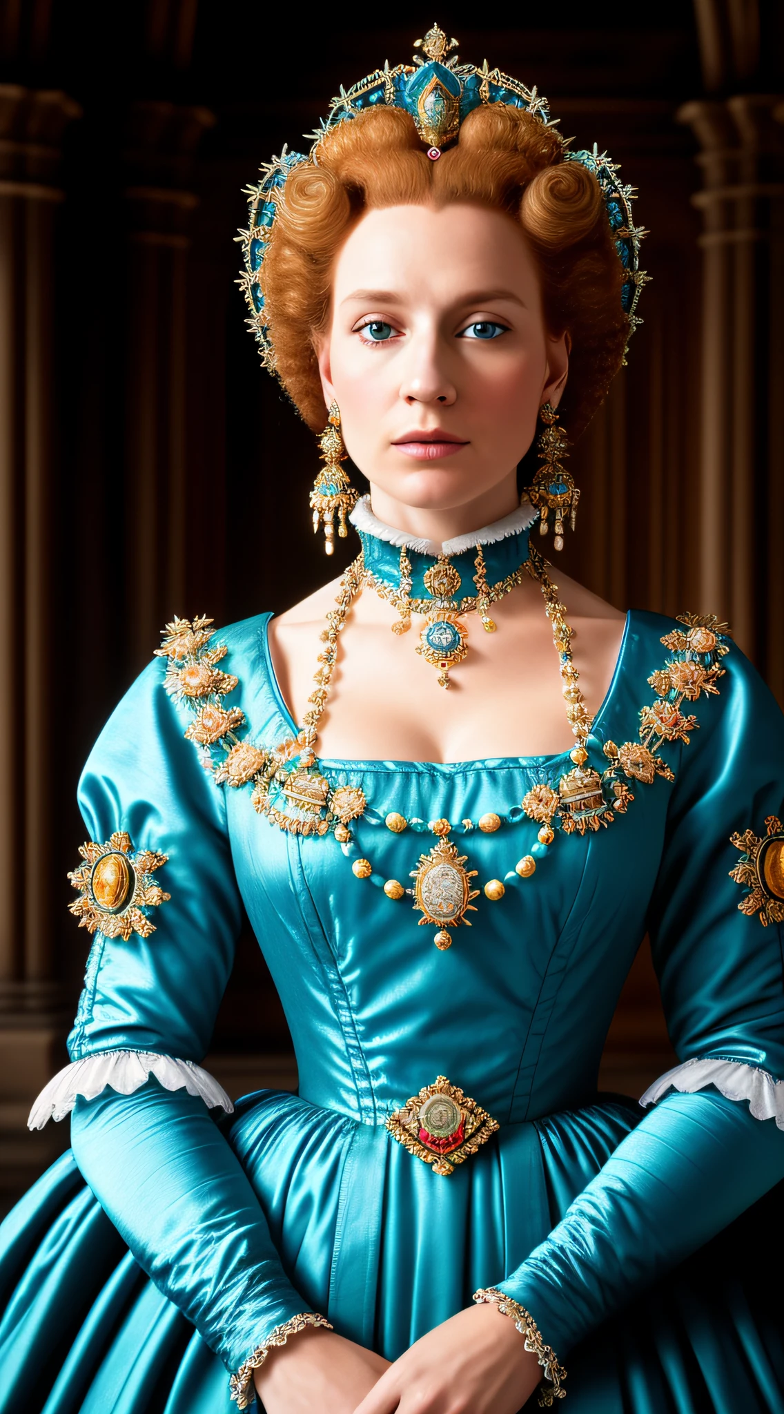 (masterpiece, 8K, UHD, photo-realistic:1.3, greg rutkowski style:1.2), Queen Elizabeth I, unyielding and intelligent, (elaborate Elizabethan attire:1.4), laced ruff, ornate jeweled crown, royal scepter, piercing (blue eyes:1.2) radiating wisdom, high-key lighting accentuating features, dark backdrop, intense emotion, looking at viewer.