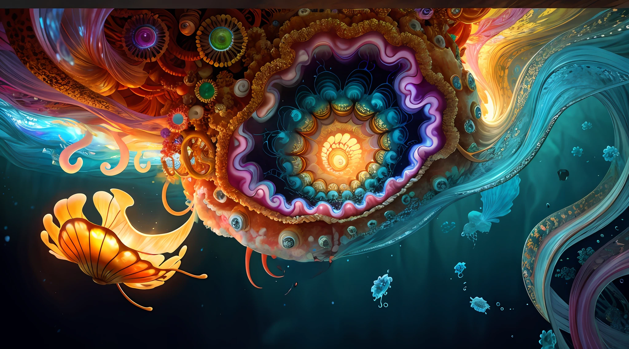 Colorful, master composition, focus on key figures, realism, masterpiece, award-winning, best quality, masterpiece, ultra-detailed, 8K, extremely detailed CG Unity 8k wallpaper, complex, highly detailed, realistic, "under water, intricate details, macro shot glowing jellyfish girl, coral, light bulb, brightness, (neutral color: 1.2), ultra-detailed, cinematic, complex background, huge ocean twisted Mandelbrot fractal shell, golden pearl nacre, hyper detail, ArtStation, Octane Renderer, (Color Acne: 1.3)",
