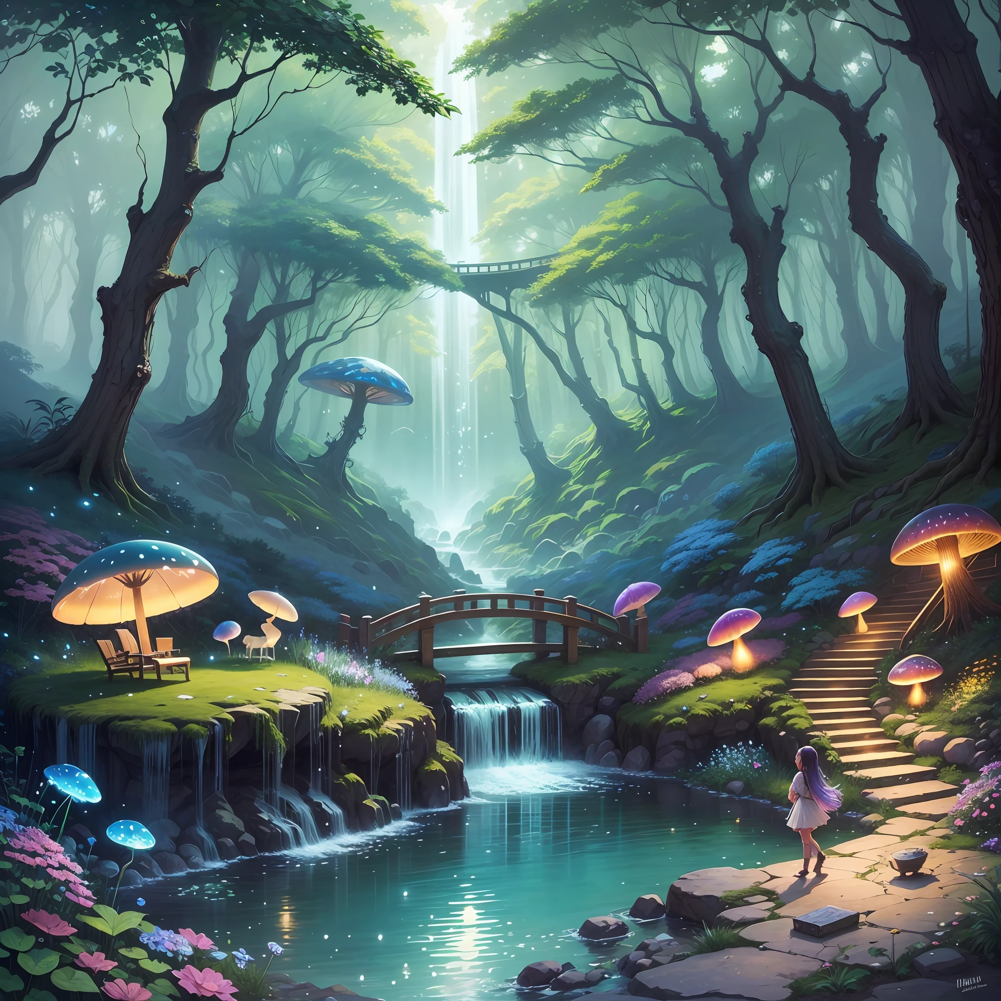 Clear! Here is a prompt to create an image:
Imagine a magical setting in an enchanted forest. The trees are tall and majestic, with bright leaves in shades of green, purple and blue. The floor is covered by a carpet of soft, colorful moss, dotted with flowers that shine like stars.
Among the trees, there are small magical creatures dancing. They have delicate, iridescent wings, like butterflies, and their bodies are covered in soft, shimmering glow. Some are sitting on giant mushrooms, while others fly gracefully in the air.
A stream of crystal clear, brilliant waters runs through the scenery, filled with goldfish with gleaming scales. Intertwined wooden bridges connect both sides of the creek, creating a curved path that leads to a secret hideout.
In this hiding place, a cascade of water falls into a pool, forming a soft mist that glows in the sunlight filtered through the treetops. Exotic flowers, of vibrant colors and lush shapes, grow around, exuding a sweet perfume in the air.
In the image, it is possible to see the forest in all its magic and splendor. The colors are intense and vivid, reflecting the magical atmosphere of the place. The magical creatures are in full motion, creating a sense of lightness and enchantment. --auto --s2