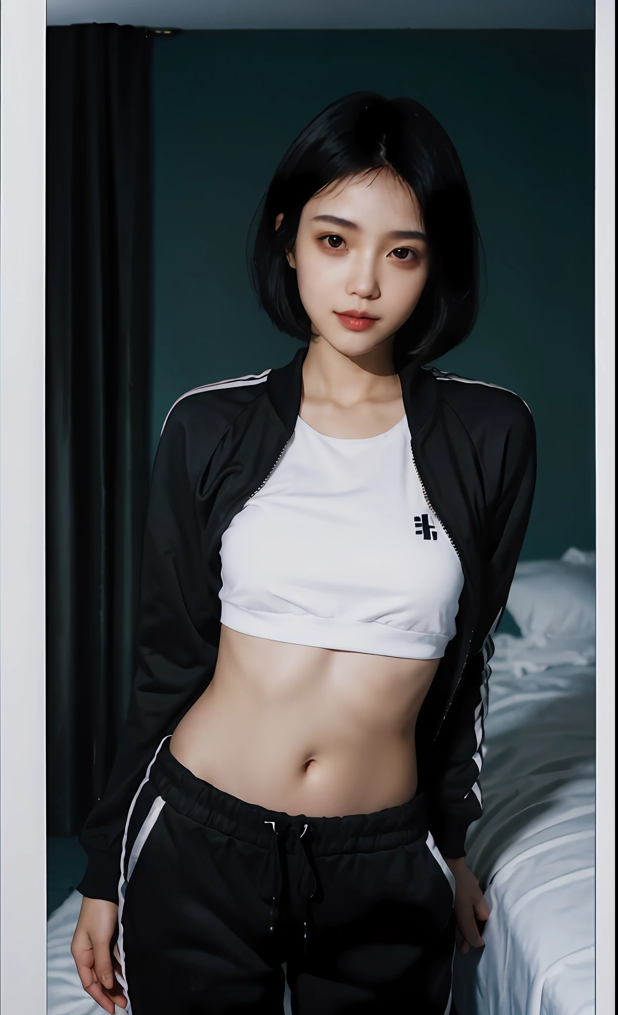 Young 1 girl, smart short black hair, wearing a tracksuit that exposes her belly button, standing in a dark room environment. She has a soft and gentle smile, expressive eyes and sexy. The background is a bedroom where she stands in front of her bed taking a selfie. The composition should the girl herself glow, her light illuminates the background next to it, the light on the girl's body is very soft and clear, the bokeh to highlight her unique handsomeness. Capture the image as if it were shot on vintage 35mm film to add charm to looking at the viewer