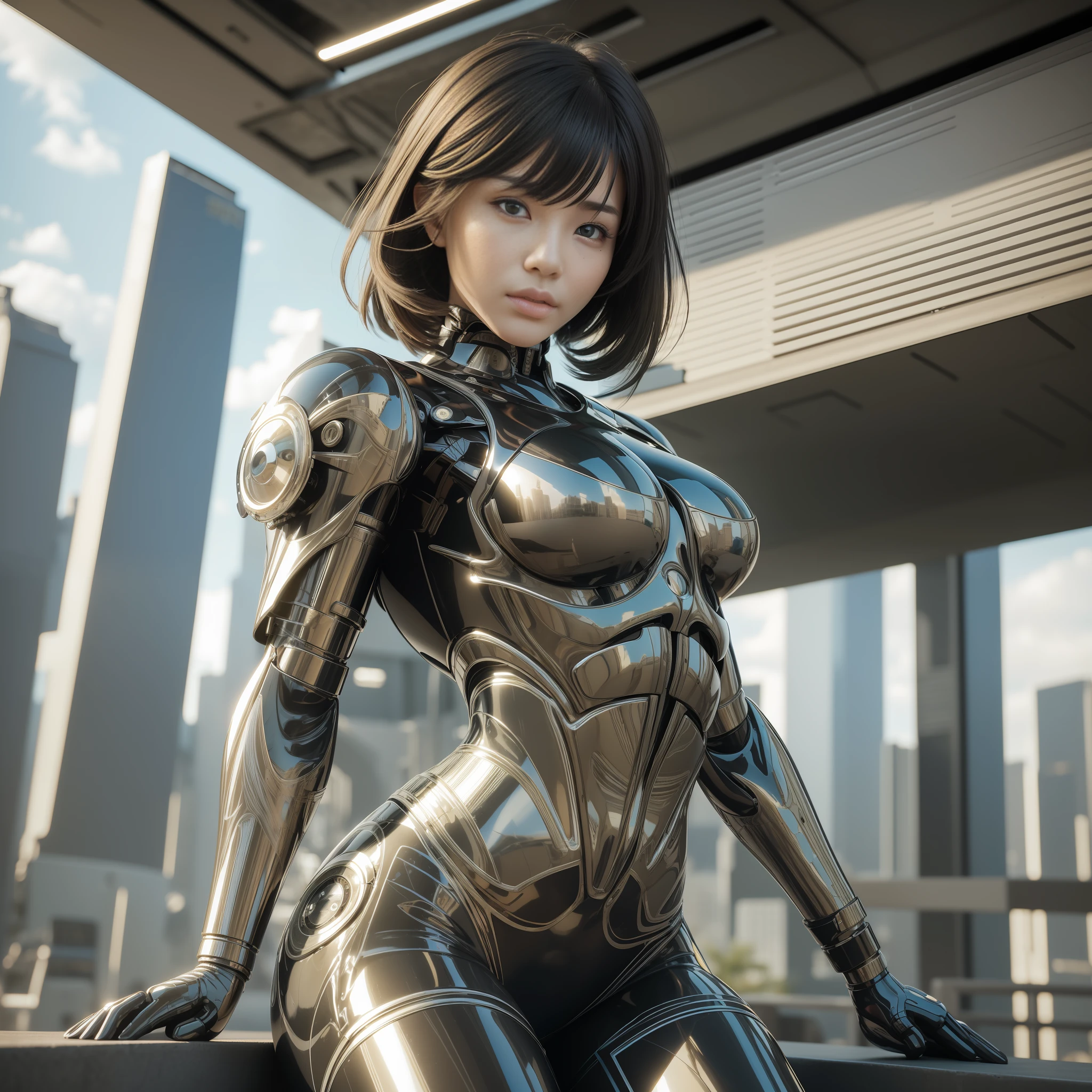 ultra realistic 8k cg, (futuristic:, perfect artwork, masterpiece, futuristic city, futuristic era, mechanic, fantasy), (((detailed background)))y 20yo asian woman muscular cyborg fresh model,amazing stunningly beautiful, sitting, looking at camera, black bobcut wavy shiny hair, 50mm portrait, glamour, soft curves, gigantic asside hips, full wet lips, cybernetic perfect body, perfect abs, 3d, ultra realistic, sun