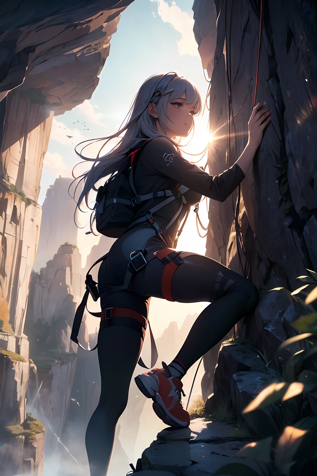 (extremely detailed CG unity 8k wallpaper,masterpiece, best quality, ultra-detailed),(best illumination, best shadow, an extremely delicate and beautiful),strongly toned,rocks,lensflare,(1female),passionate expression,fascinating hair,rock-climbing clothing,rope,harness,climbing shoes,Garmin watch.