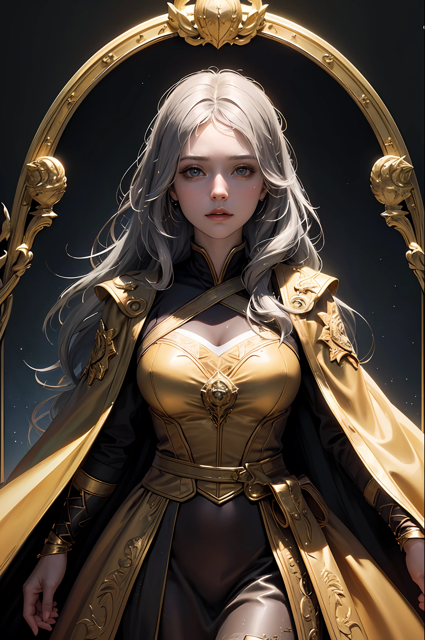 (Front Focus), (In the Dark: 1.6), A Woman Wearing Gorgeous Golden Robe, Fantasy Art, Photo Realism, Dynamic Lighting, Artstation, Poster, Volumetric Lighting, Very Detailed Face, 4 K, Award-Winning 1girl, In the Dark, Deep Shadow, Low Key, Cowboy Shot, (Official Uniform: 1.4), Long Hair, Gray Hair