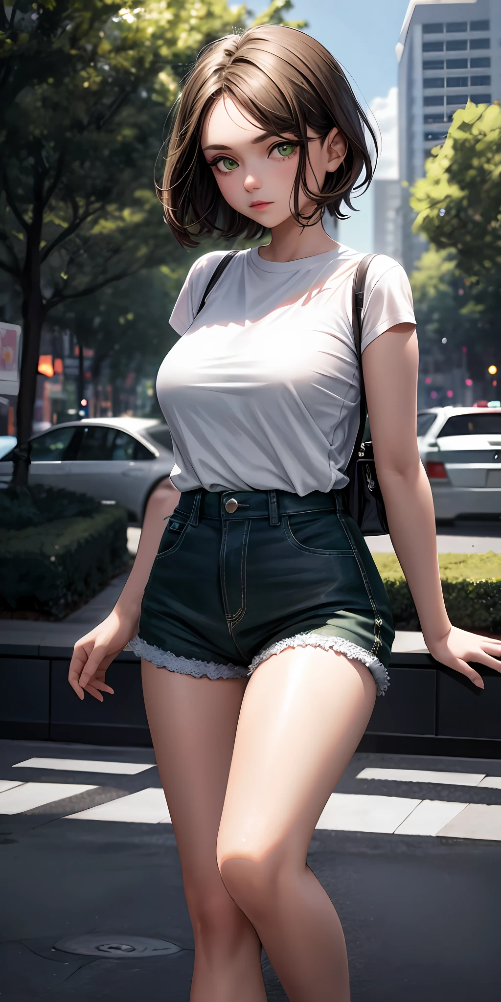 1girl, green eyes, full body, park as a background, very short brown hair, big boobs, white skin, green shirt, shorts, long eyelashes, eyeshadow, small face, big eyes