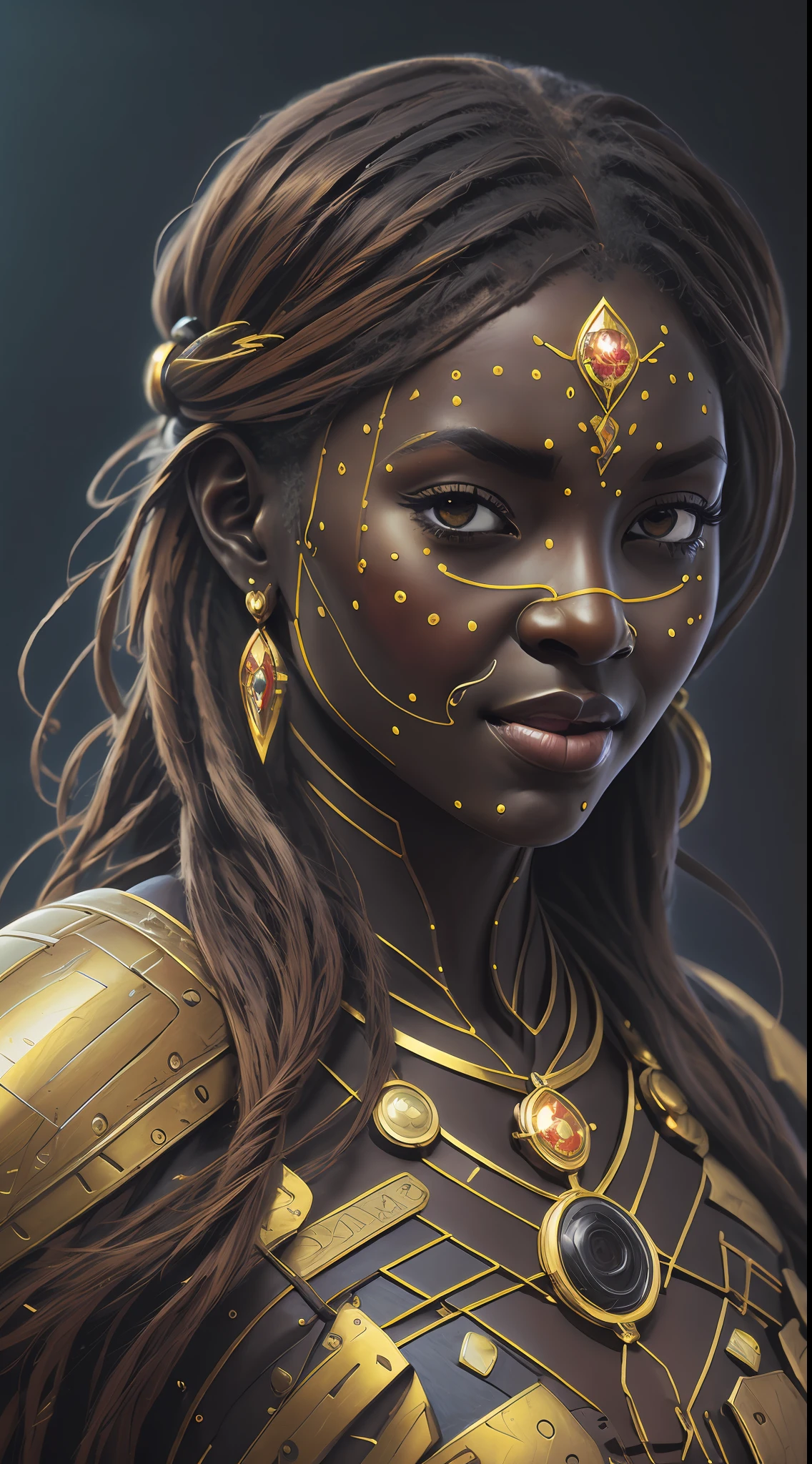 Mercy overwatch, Beautiful portrait of a gorgeous Black African Princess, beautiful black princess, round shaped face, round button nose, glowing black glass skin, sparkling hazel brown eyes, highlighted chestnut brown long straight hair, adorned in intricate golden jewelry, confident half smile, smirk, no face painting, dramatic crisp sharp lighting, intricate, wild, exotic beauty, highly detailed, digital painting, artstation, concept art, smooth, sharp focus, illustration, art by artgerm and greg rutkowski and alphonse mucha, footage from space camera
