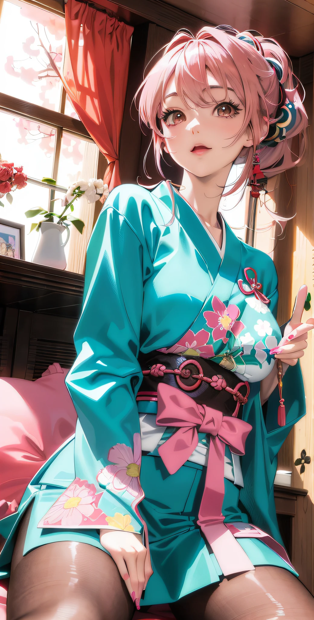(Gorgeous shrine: 2.0), looking at the camera, sunrise, smile, (wearing Japanese clothes: 1.8), (brown eyeballs: 1.55), 25 years old, 8 heads, 1 person, masterpiece, (pink nails), (beautiful pink hair: 1.6), (medium short hair, wavy one ponytail hair, : 1.9), high quality, high resolution, left and right balanced big breasts, left and right balanced, 4K, Anime Atmosphere, Anime Style 4K, Anime Aesthetics, Cute and Realistic Portraits, Detailed Digital Anime Art, Beautiful Realistic Anime Portraits, Realistic Anime Style 4K, Detailed Portraits of Realistic Anime Girls, Anime Style Portraits, Anime Realism Styles, Cute Anime Girl Portraits, Digital Anime Illustration
