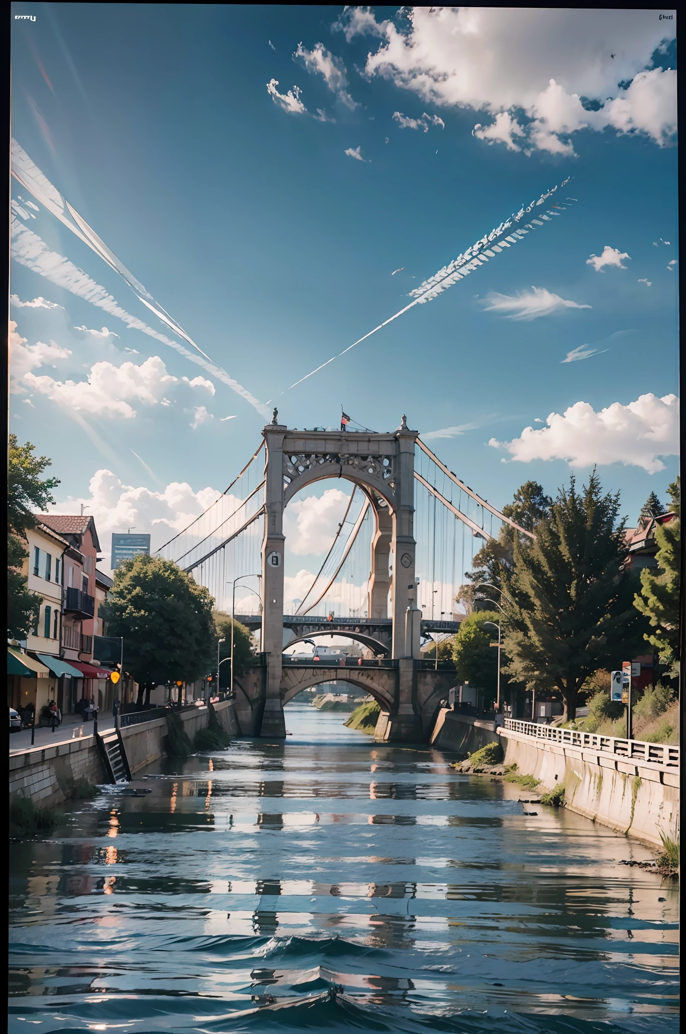 best quality, masterpiece, photo realistic, intricate details, raw photo, photon rendering, octane render, absurdres, ultra detailed, detailed face, detailed skin, trending on artstation,8k masterpiece,cinematic lighting, scenery, scenery, no humans, cityscape, sky, city, cloud, outdoors, building, sunset, city lights, bridge, river, tree, roadn, artist name,