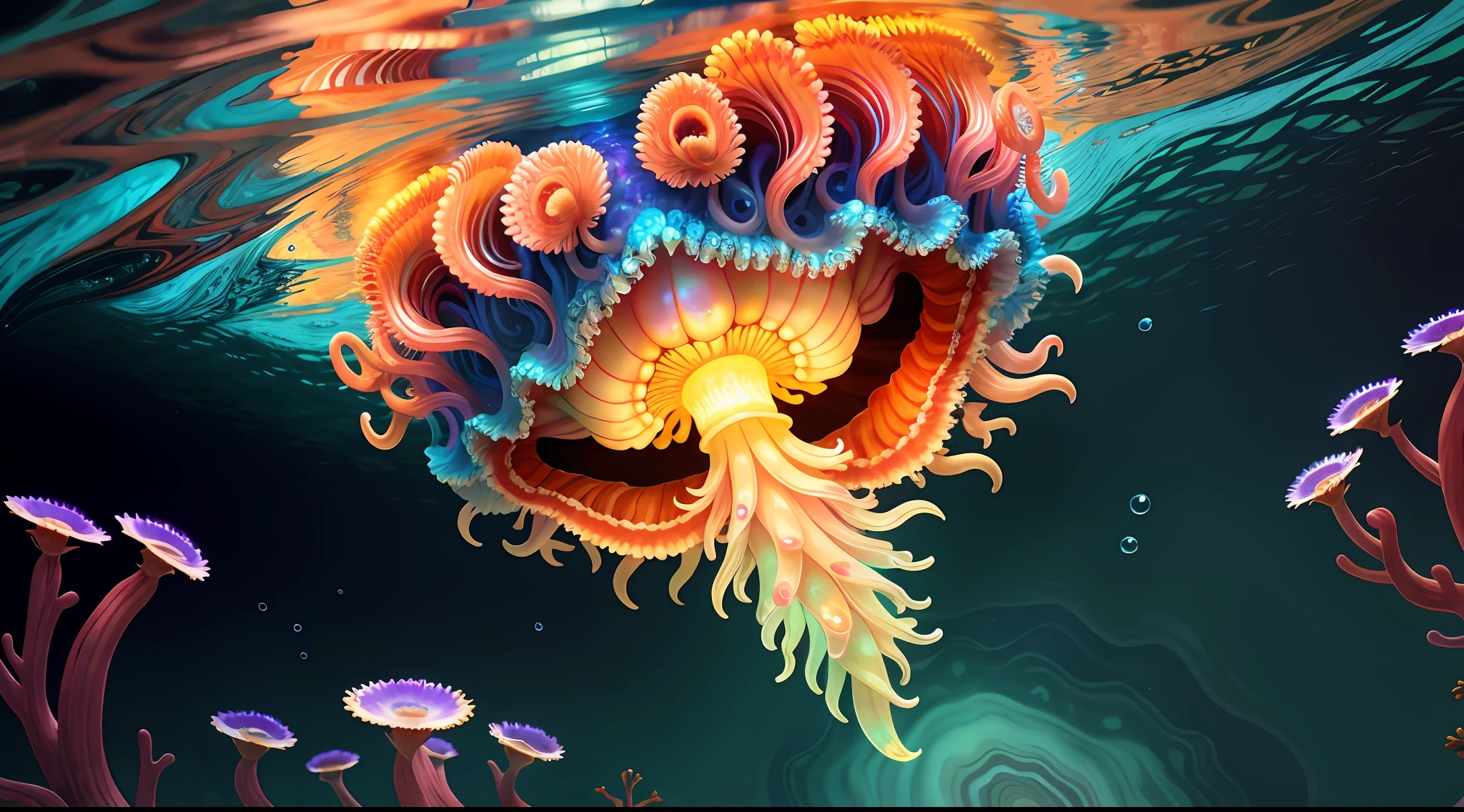 Colorful, master composition, focus on key figures, realism, masterpiece, award-winning, best quality, masterpiece, ultra-detailed, 8K, extremely detailed CG Unity 8k wallpaper, complex, highly detailed, realistic, "under water, intricate details, macro shot glowing jellyfish girl, coral, light bulb, brightness, (neutral color: 1.2), ultra-detailed, cinematic, complex background, huge ocean twisted Mandelbrot fractal shell, golden pearl nacre, hyper detail, ArtStation, Octane Renderer, (Color Acne: 1.3)",