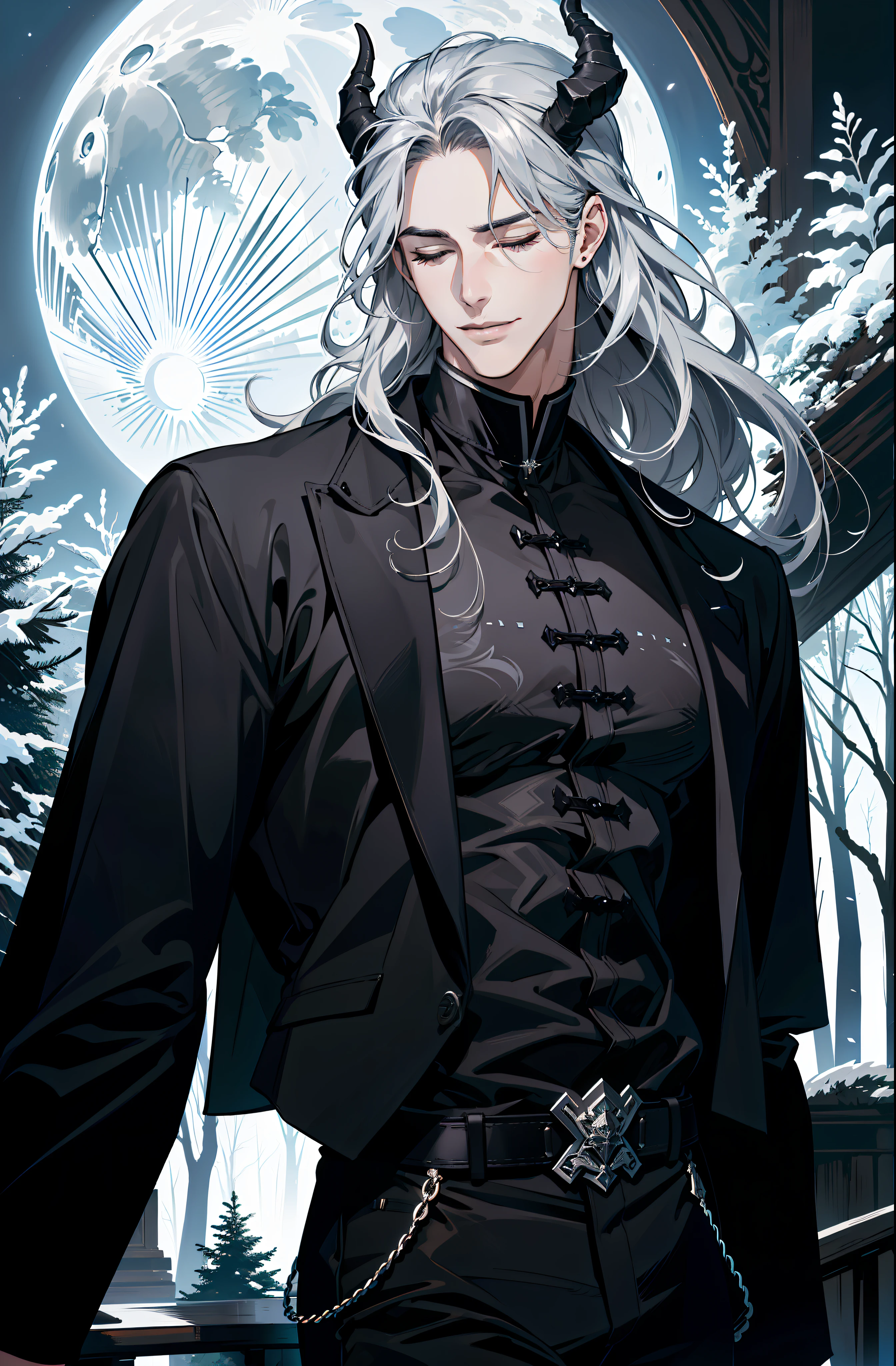 (absurdres, highres, ultra detailed), 1 male, adult, handsome, tall muscular guy, broad shoulders, finely detailed eyes and detailed face, black clothes, night, smile, dutch angle, from side, wavy silver hair, moon, forest, black horns in his head, closed eyes, open mouth