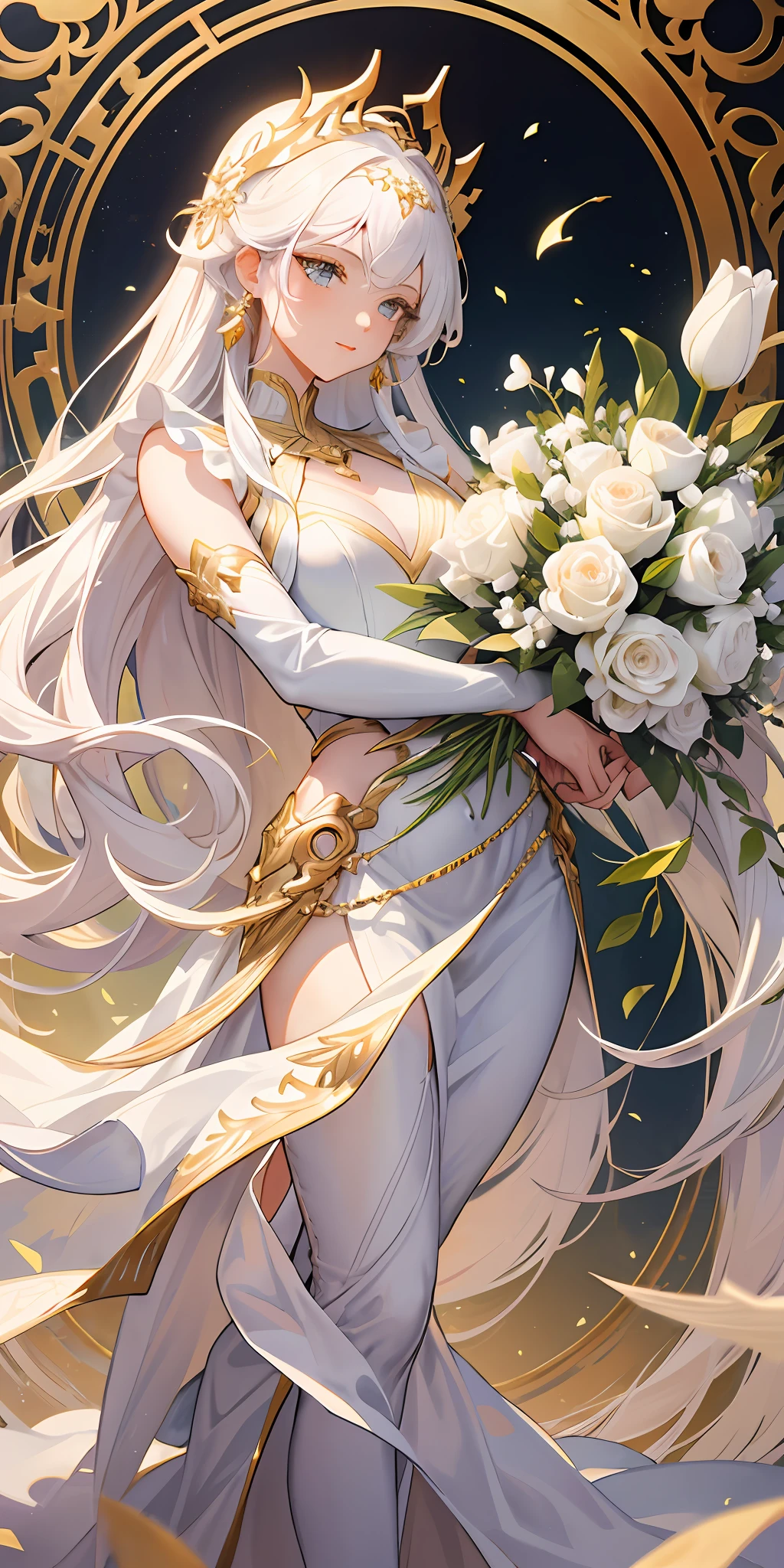 a delicate gilded (white marble statue:1.3) of a stunning woman, holding a bouquet of gilded tulips, highly detailed, sublime shapes, fluid colors, color explosion, lavish, intricate fine decorations, anime style, watercolor, perfectly structured, volumetric natural lighting, golden hour, dynamic angle and composition, natural proportions, good anatomy, depth of field, done in Ibis Paint X, 2d illustration,