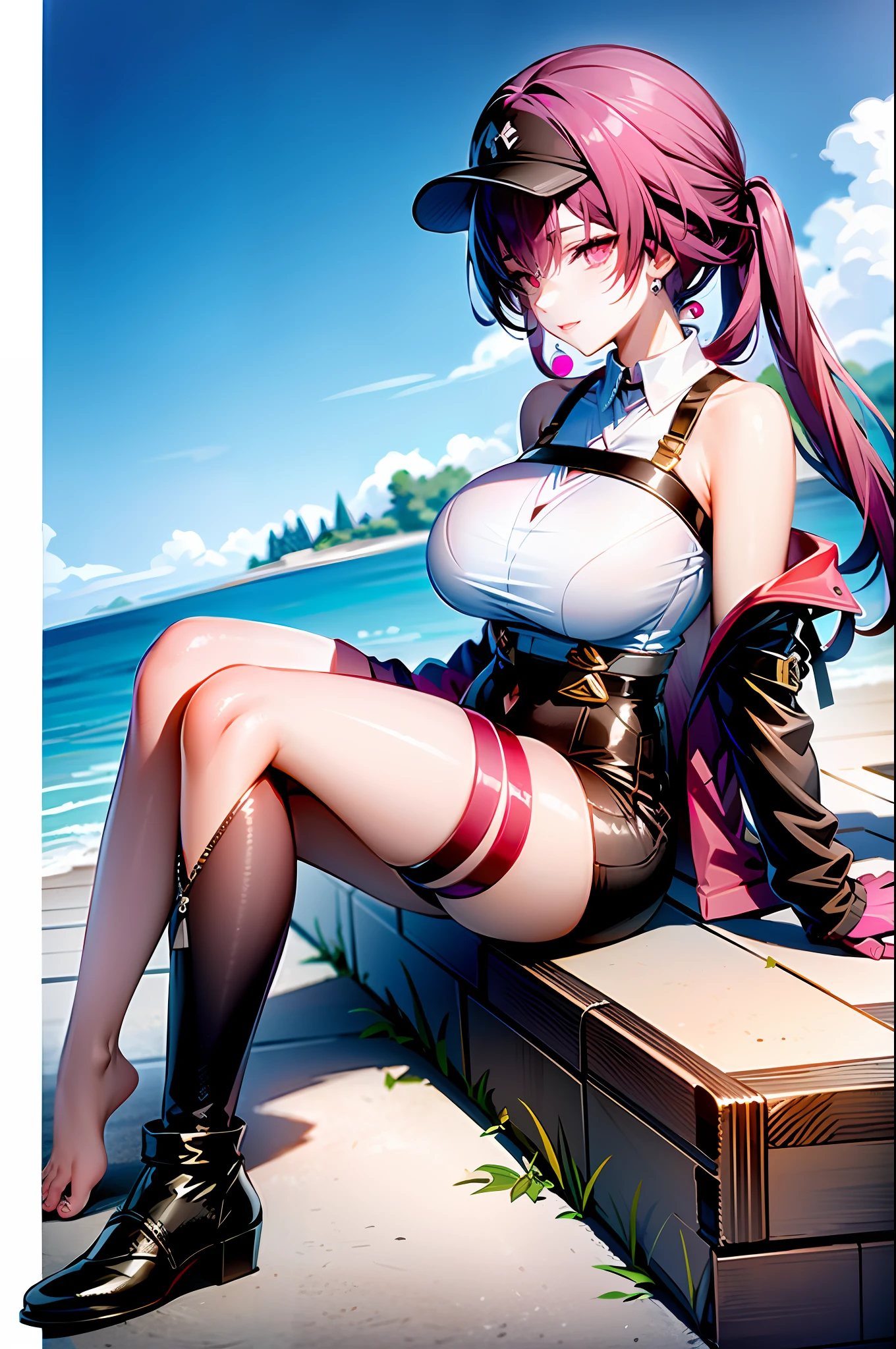 original outfit, 1girl, solo, baseball cap,1girl, solo,large breasts,ground_vehicle, motor_vehicle, motorcycle,pale-skinned_female, boots, pants, navel, crop_top, on_motorcycle, jacket, logo,gloves, floating_hair,earrings, off_shoulder, open_jacket, midriff, black_footwear, multicolored_hair, bare_shoulders, helmet_removed, open_clothes, cross_earrings, sleeveless, jewelry, bangs, long_sleeves