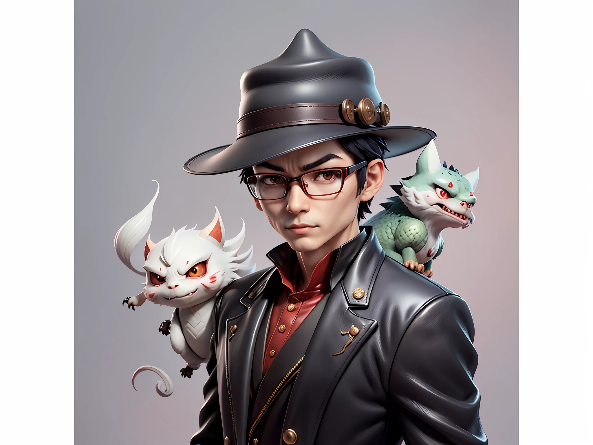 Young man with oriental face in leather hat, dragon, formal suit, short black hair, silver glasses, digital painting, 3D character design by Mark Clairedon and Pixar and Hayao Miyazaki and Akira Toriyama, the illustration is a high-definition illustration in 4K resolution with very detailed facial features and cartoon-style visuals.