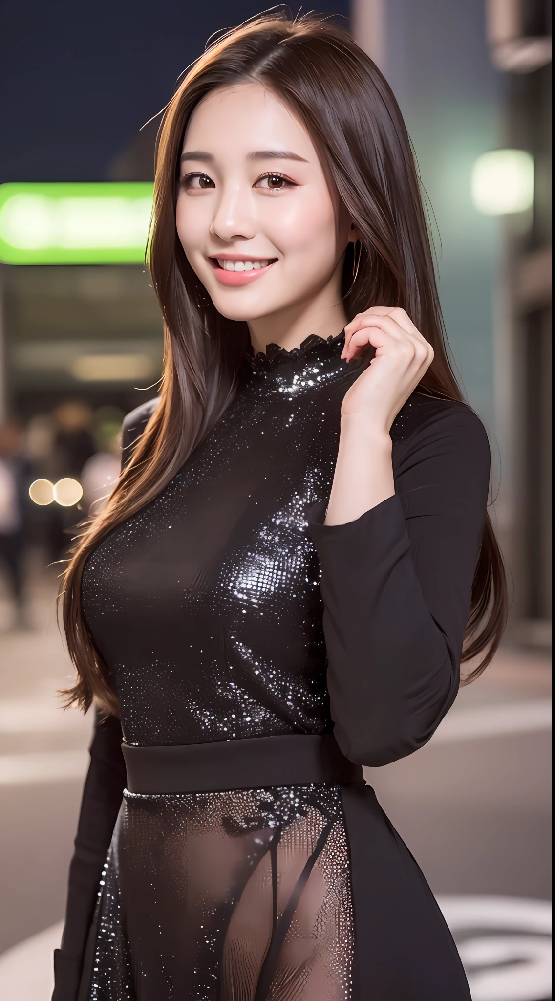 ((Best quality, 8k, Masterpiece :1.3)), 1girl, smiling, full body, slim face, Pretty woman, (Dark brown hair), full length dress :1.1, Ultra-detailed face, Detailed eyes, Double eyelid, blur background, slim face, city, outside, street,