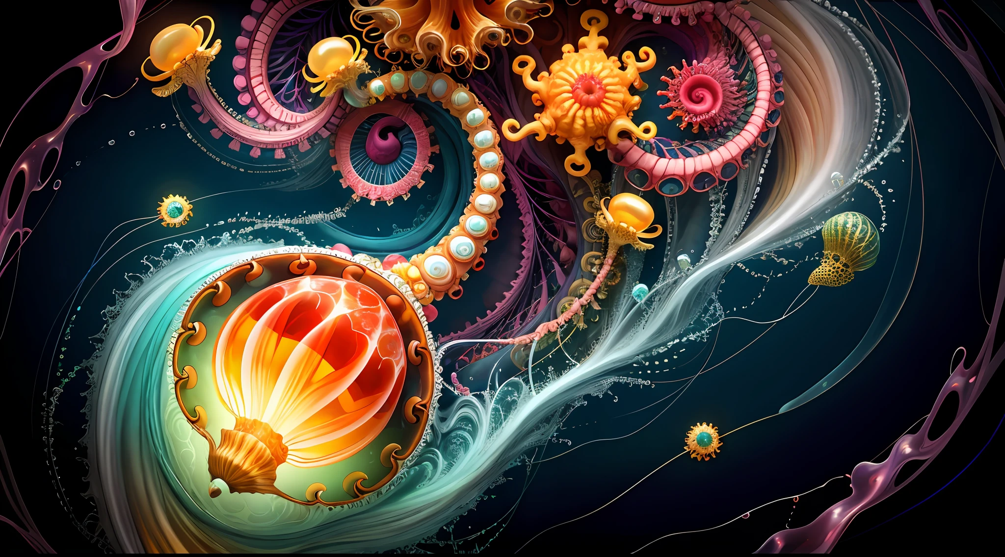 Colorful, master composition, focus on key figures, realism, masterpiece, award-winning, best quality, masterpiece, ultra-detailed, 8K, extremely detailed CG Unity 8k wallpaper, complex, highly detailed, realistic, "under water, intricate details, macro shot glowing jellyfish girl, coral, light bulb, brightness, (neutral color: 1.2), ultra-detailed, cinematic, complex background, huge ocean twisted Mandelbrot fractal shell, golden pearl nacre, hyper detail, ArtStation, Octane Renderer, (Color Acne: 1.3)",