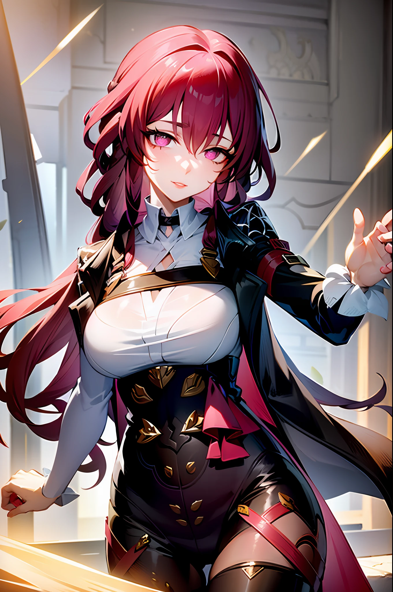 (Masterpiece:1.2), (best quality:1.2), perfect eyes, perfect face, perfect lighting, 1girl, mature woman on a battlefield, absurdly long red hair, crown braid, war_glam, armor, leather skirt, scars, fantasy, detailed background