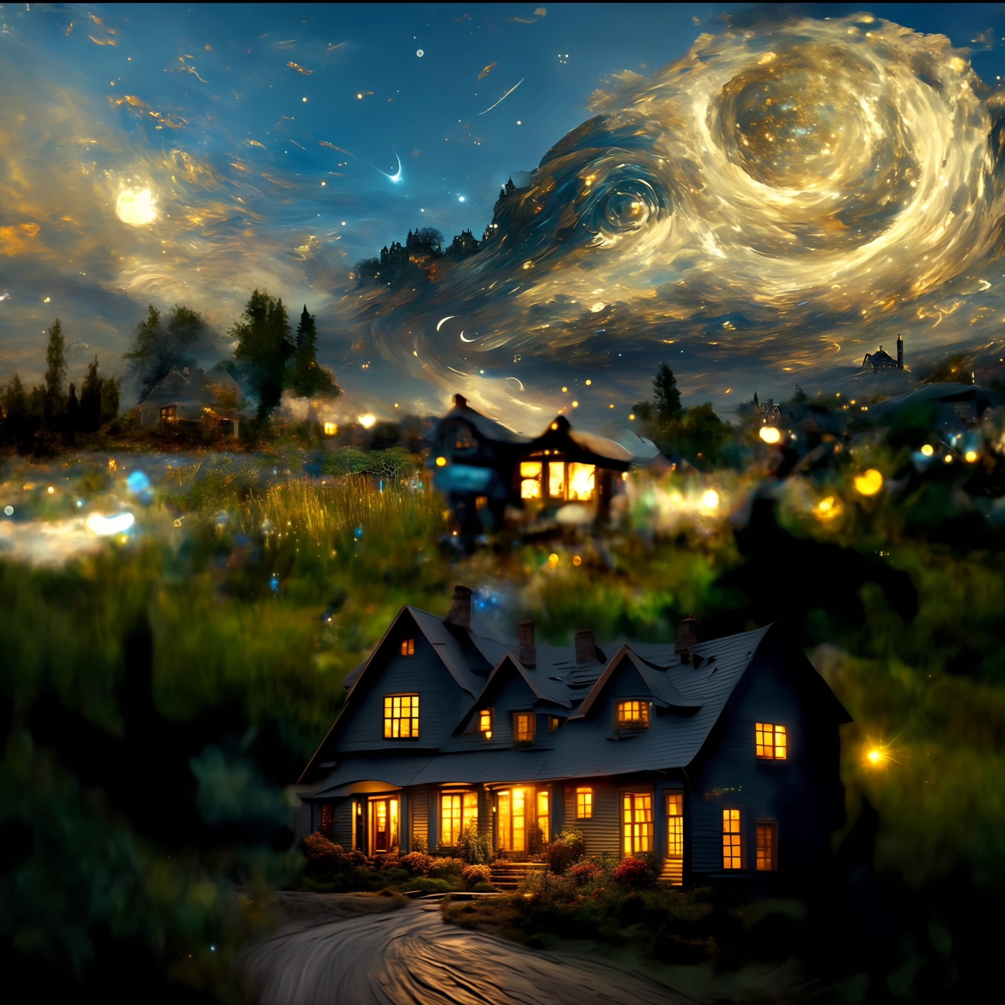 starry night scene with a house and a house in the foreground, 4k highly detailed digital art, highly detailed surreal vfx, epic surrealism 8k oil painting, swirling scene, beautiful art uhd 4 k, 4k detailed digital art, detailed painting 4 k, detailed dreamscape, dreamlike digital painting, science fantasy painting, extremely detailed digital art