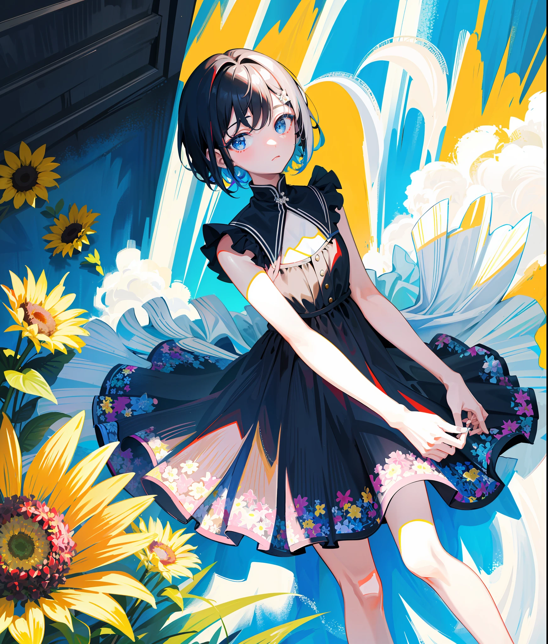 (Spot color: 0.9), (colorful: 1.1), (masterpiece: 1.2), best quality, masterpiece, high resolution, original, extremely detailed wallpaper, looking at the viewer, 1 girl, alone, summer dress, flower print dress, black hair, blue eyes, short hair.