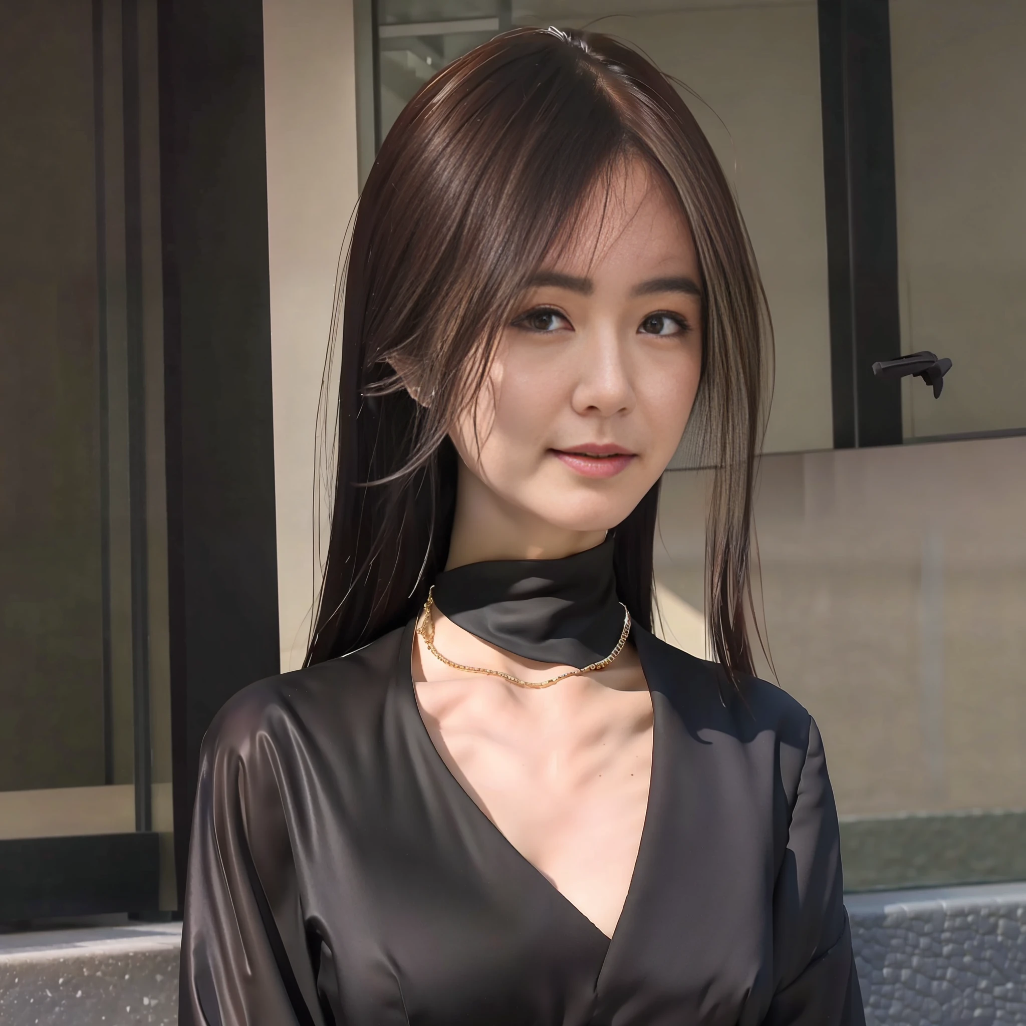 (Best Quality, 8k, 32k, Masterpiece, UHD: 1.2), Photo of a Beautiful Chinese Woman, A Woman: 1.5, (Detailed Face: 1.1), Simple Black Suit, Looking at the Viewer, Full Body Photo: 1.3, Necklace, Dress Shirt, Smile, Lower Body Long Skirt, Slim Figure, Long Legs, High Heels: 1.4, Tall: 1.6