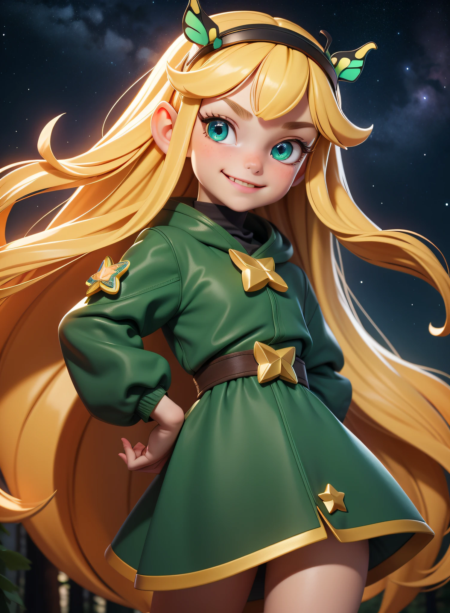 masterpiece, high resolution, image, best quality, 8k, best quality, ultra detailed, solo, 1girl, 1girl,, 12 yeterfly star, hair band with horn:1.4), green squid outfit, small breasts, long hair, blonde hair, (dark forest with starry sky), perfect face, smile, detailed eyes