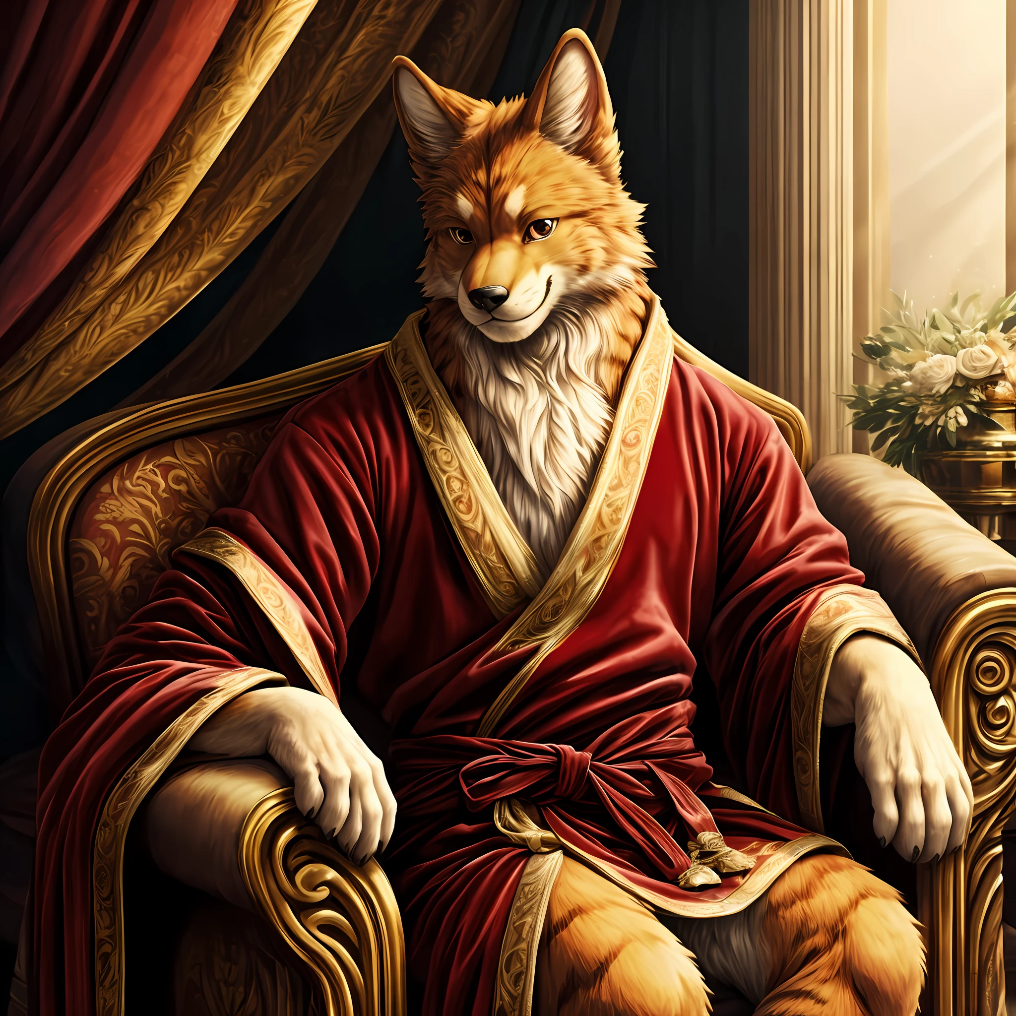 top quality, best quality, masterpiace, super high resolution, detailed background, good lighting, spotlight, concert(highly detailed beautiful face and eyes)absurdres, perfect anatomy(handsome 1boy, kemono, solo focus)((Wearing an aristocrat's robe))(furry)(furry anthro:1.7)(Furry body, dog facial features, dog body features)(very detailed body fur)full body, sitting, An opulent red velvet single-seat sofa with a sense of grandeur, adorned with lavish armrests, smile, dignified pose, portrait,
