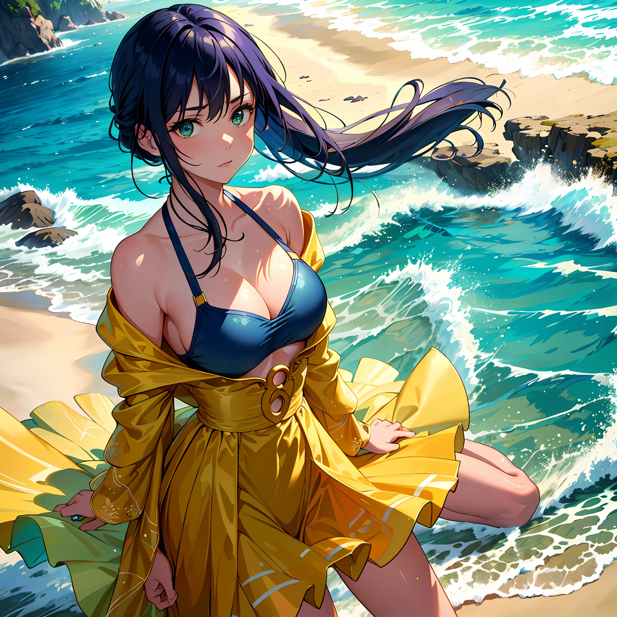 (Masterpiece), high quality, detailed (complexity: 2), beautiful and dynamic portrait photo of a girl in a swimsuit on the beach (picturesque beach, blue or green water, golden sand, rough water), bright image, emotional face, eyes in the center of focus, emphasizing the shape of the swimsuit.