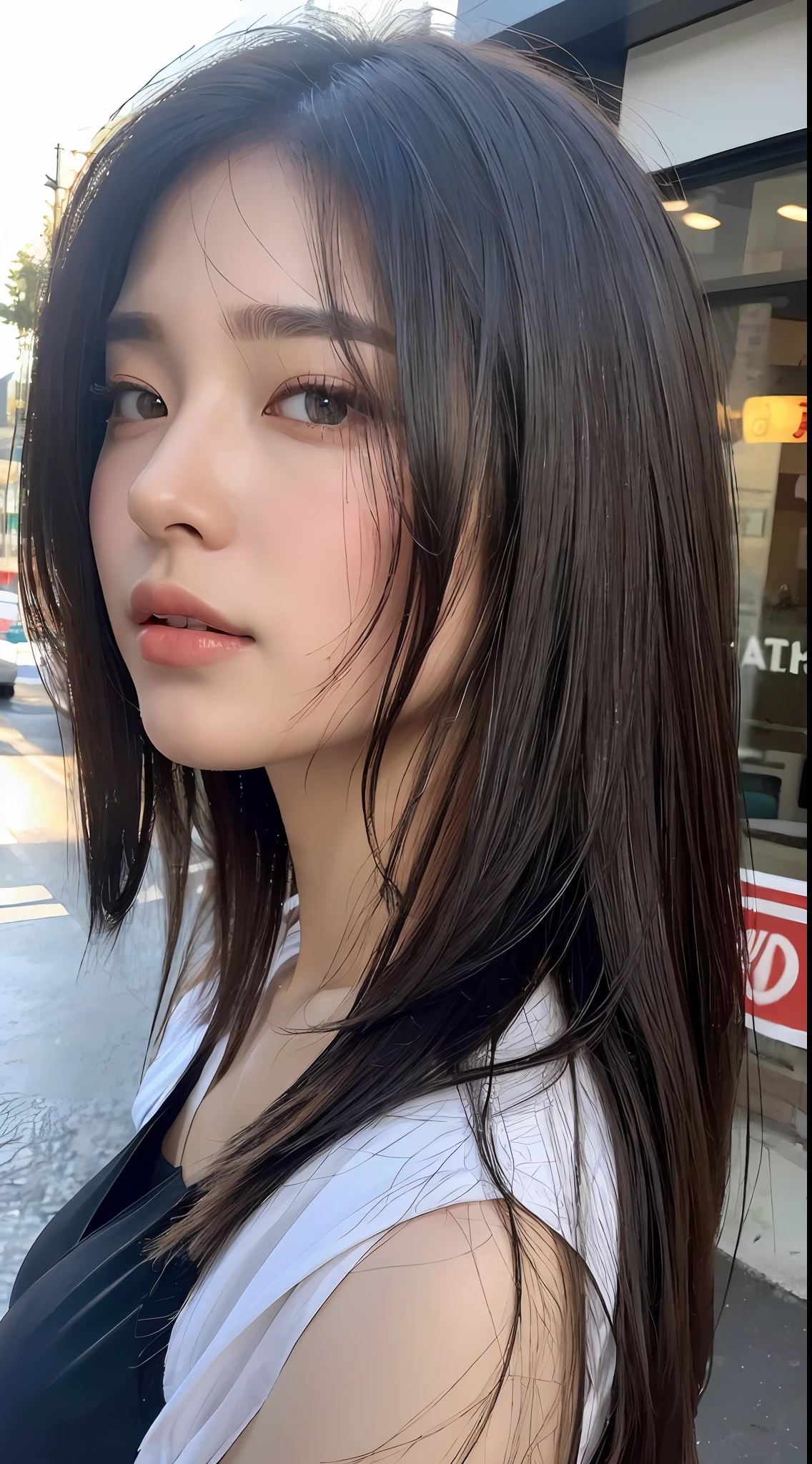 ((Best Quality, 8K, Masterpiece: 1.3)), Sharp: 1.2, Perfect Body Beauty: 1.4, Slim Abs: 1.2, ((Layered Hairstyle, Big Breasts: 1.2)), (Wet White Button Long Shirt: 1.1), (Rain, Street: 1.2), Wet: 1.5, Highly detailed face and skin texture, detailed eyes, double eyelids, side face looking at the camera