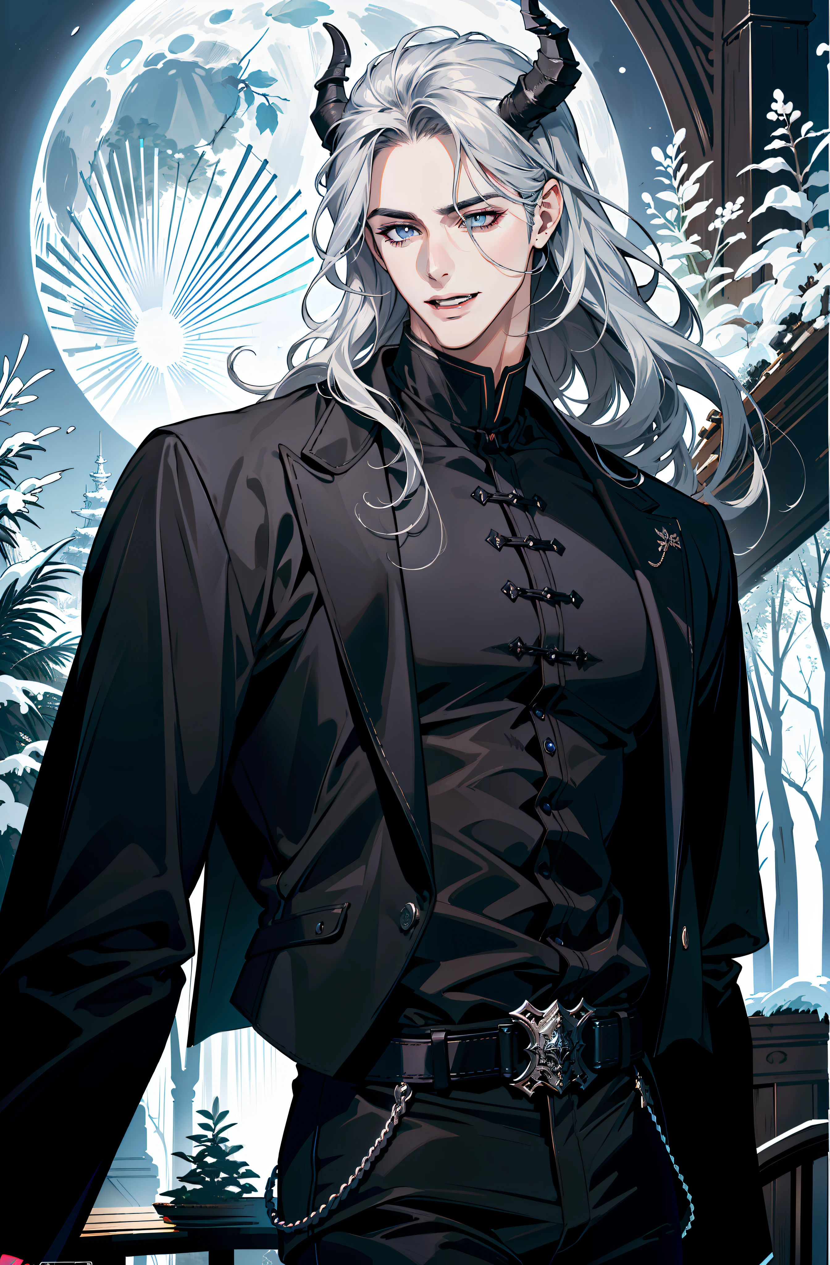 (absurdres, highres, ultra detailed), 1 male, adult, handsome, tall muscular guy, broad shoulders, finely detailed eyes and detailed face, black clothes, night, smile, dutch angle, from side, wavy silver hair, moon, forest, black horns in his head, ((open mouth))