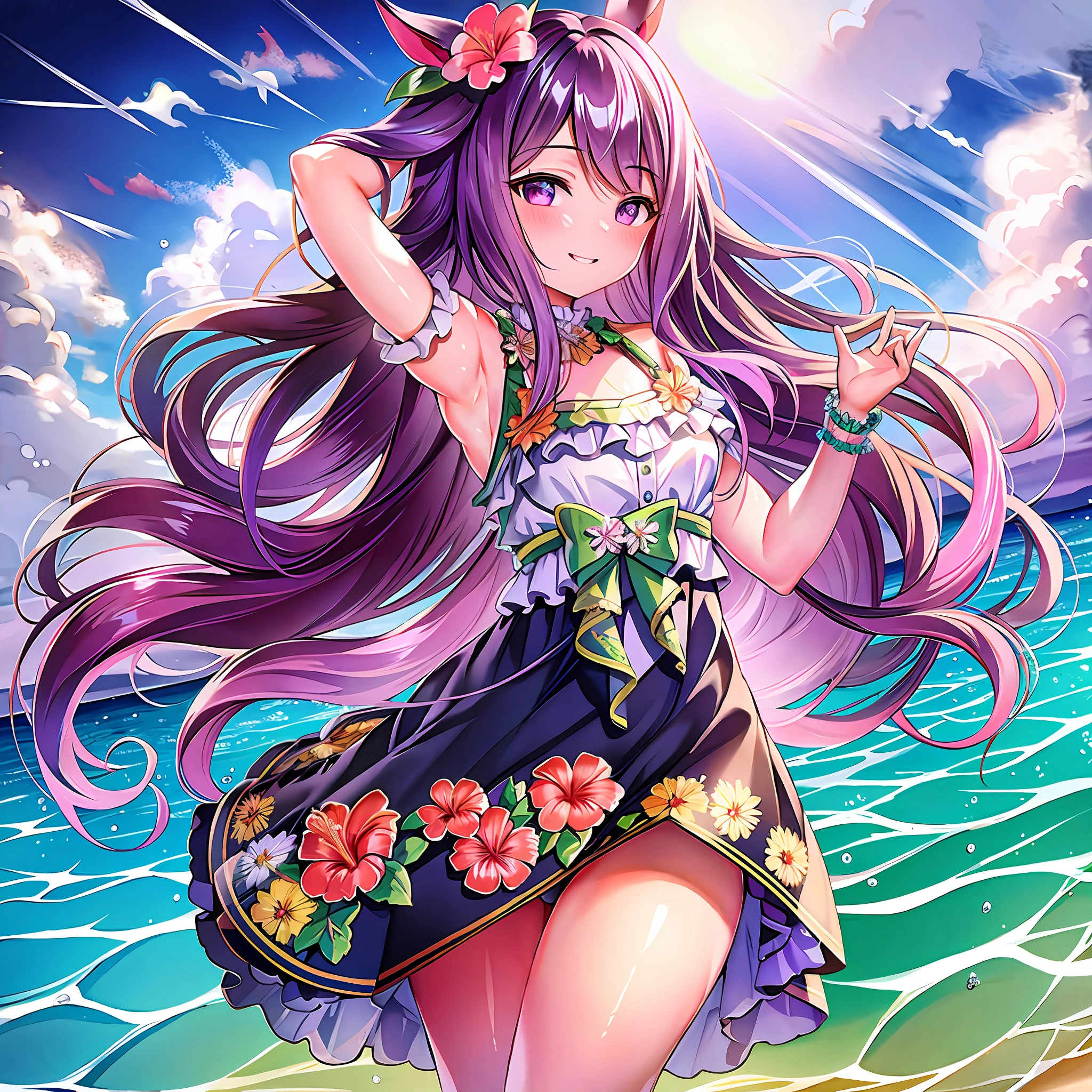 Masterpiece (ultra-detailed:1.0) 8K Tahitian seaside in the evening Hibiscus flowers are blooming Flower-patterned dress blush very smile Uma musume Mejiro McQueen