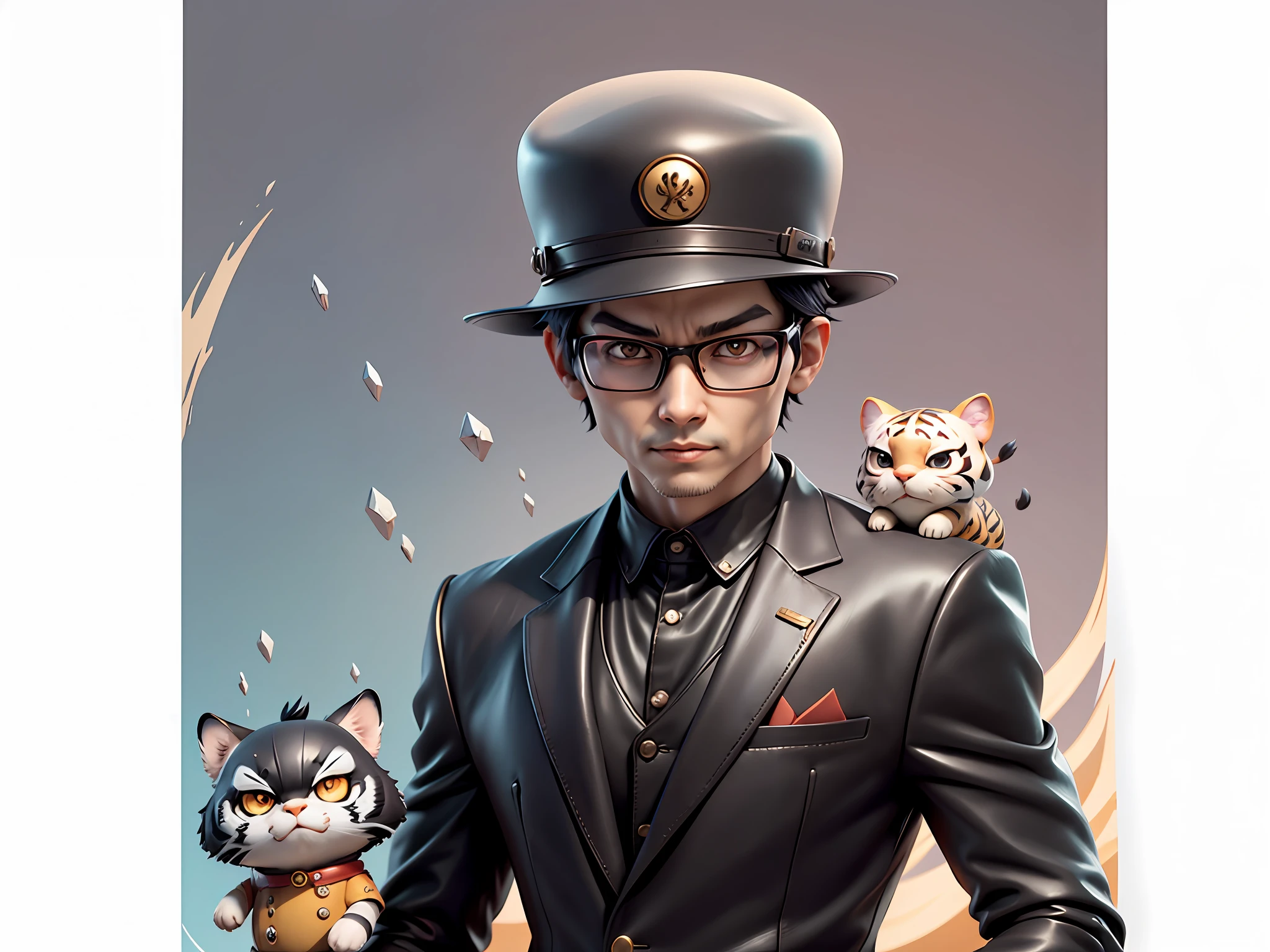 Young man with oriental face in leather hat, tiger, oriental face in formal suit, short black hair, silver glasses, digital painting, 3D character design by Mark Clairedon and Pixar and Hayao Miyazaki and Akira Toriyama, the illustration is a high-definition illustration in 4K resolution with very detailed facial features and cartoon-style visuals.