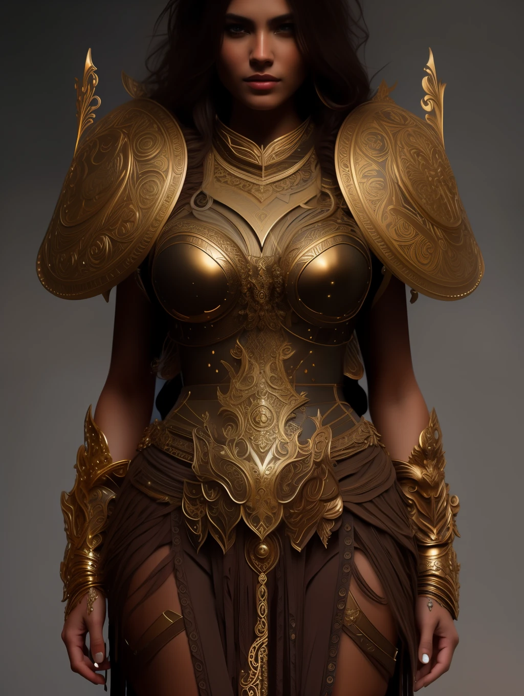 full body wide shot, beautiful woman, extremely beautiful face warrior wearing heavy bronze body armor insanely detailed and intricate , hypermaximalist, elegant, ornate, hyper realistic, super detailed, cinematic light, dark fantasy, ConceptArtWorld, apocalyptic,grouchy, masterpiece,