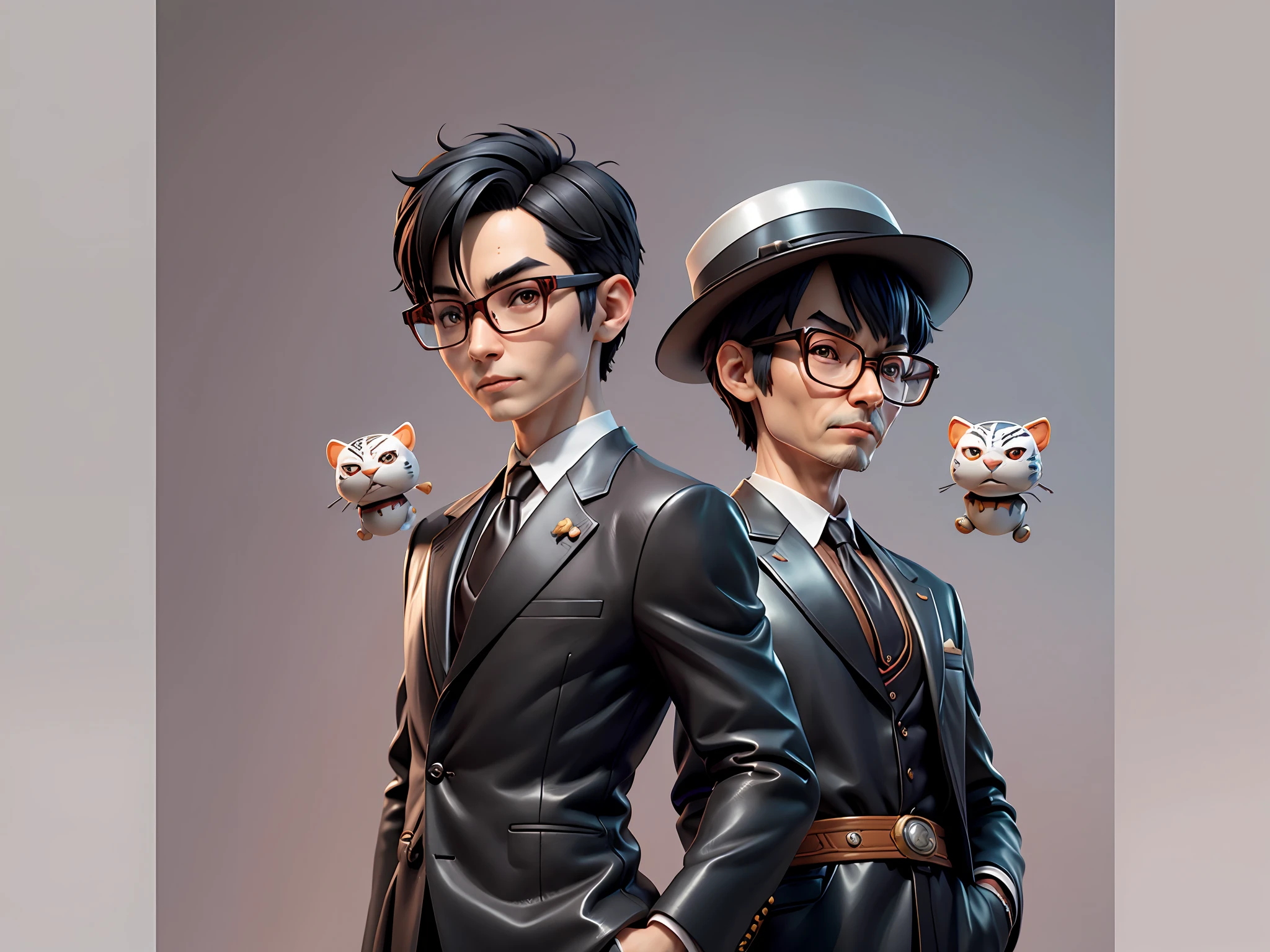 Young man with oriental face in leather hat, tiger, oriental face in formal suit, short black hair, silver glasses, digital painting, 3D character design by Mark Clairedon and Pixar and Hayao Miyazaki and Akira Toriyama, the illustration is a high-definition illustration in 4K resolution with very detailed facial features and cartoon-style visuals.