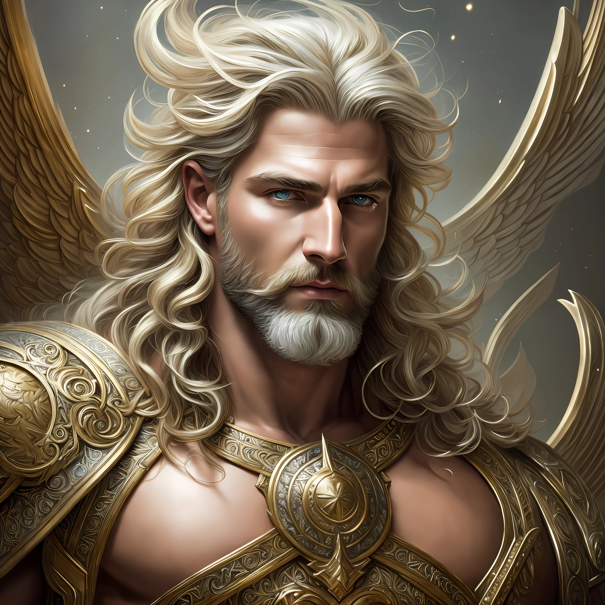 Painted portrait of a stout celestial angel, god of thunder, greek god, blond hair, mature, beautiful, upper body, muscular, hairy torso, fantasy, intricate, elegant, highly detailed, digital painting, art station, concept art, smooth, sharp focus, illustration, art by Gaston Bussiere and Alphonse Muc --auto --s2