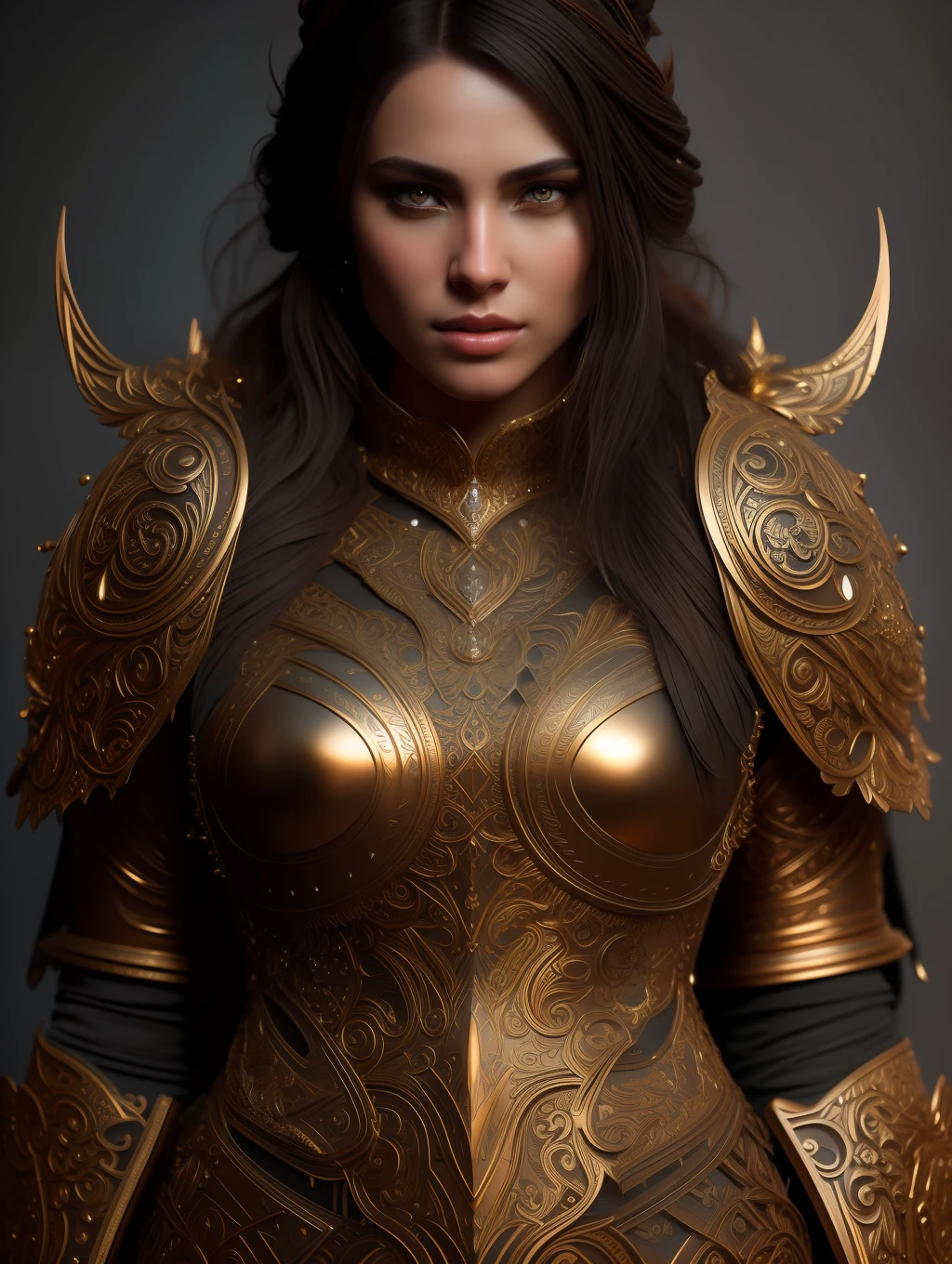 full body wide shot, beautiful woman, extremely beautiful face warrior wearing heavy bronze body armor insanely detailed and intricate , hypermaximalist, elegant, ornate, hyper realistic, super detailed, cinematic light, dark fantasy, ConceptArtWorld, apocalyptic,grouchy, masterpiece,