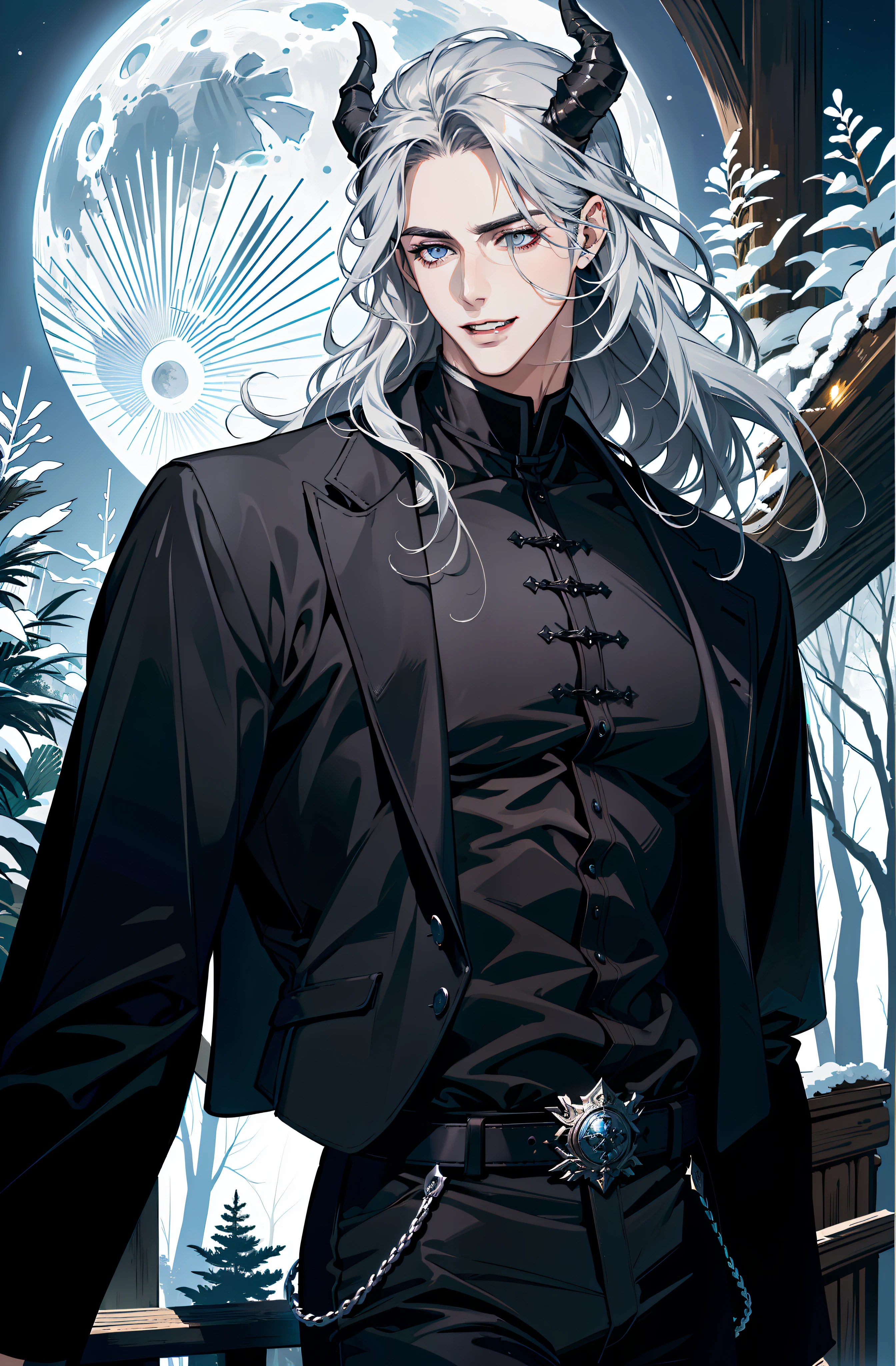 (absurdres, highres, ultra detailed), 1 male, adult, handsome, tall muscular guy, broad shoulders, finely detailed eyes and detailed face, black clothes, night, smile, dutch angle, from side, wavy silver hair, moon, forest, black horns in his head, ((open mouth))