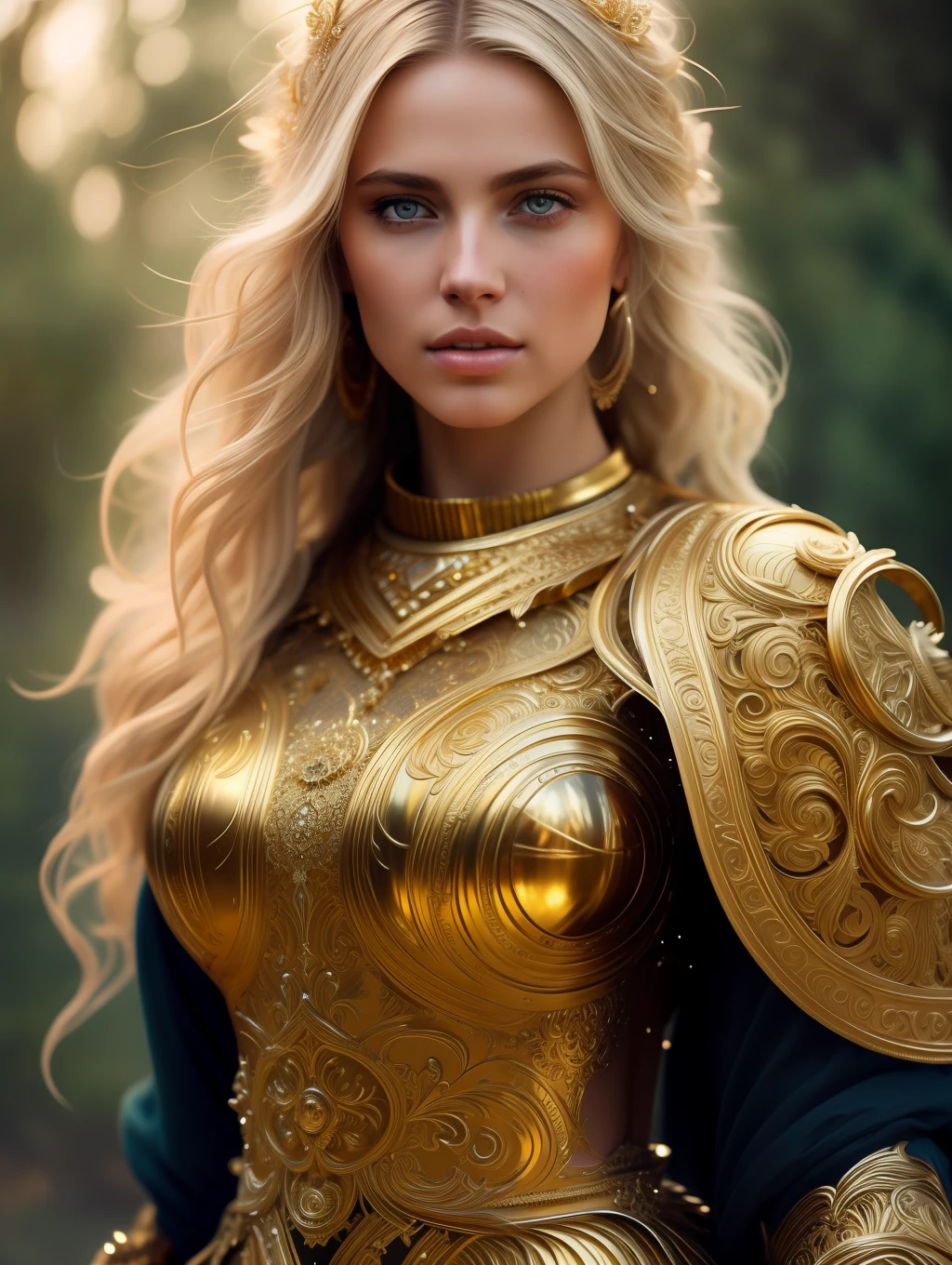 full body wide shot, beautiful woman, extremely beautiful face, messy windy blonde hair, warrior wearing heavy golden body armor insanely detailed and intricate , hypermaximalist, elegant, ornate, hyper realistic, super detailed, cinematic light, dark fantasy, ConceptArtWorld, apocalyptic,grouchy, masterpiece,