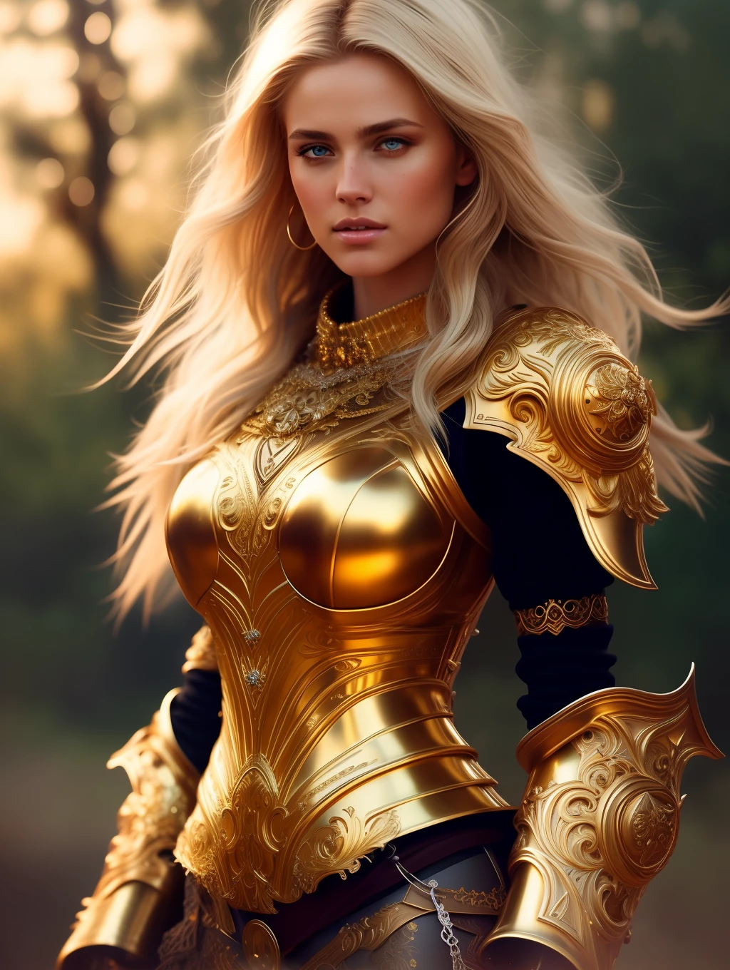 full body wide shot, beautiful woman, extremely beautiful face, messy windy blonde hair, warrior wearing heavy golden body armor insanely detailed and intricate , hypermaximalist, elegant, ornate, hyper realistic, super detailed, cinematic light, dark fantasy, ConceptArtWorld, apocalyptic,grouchy, masterpiece,