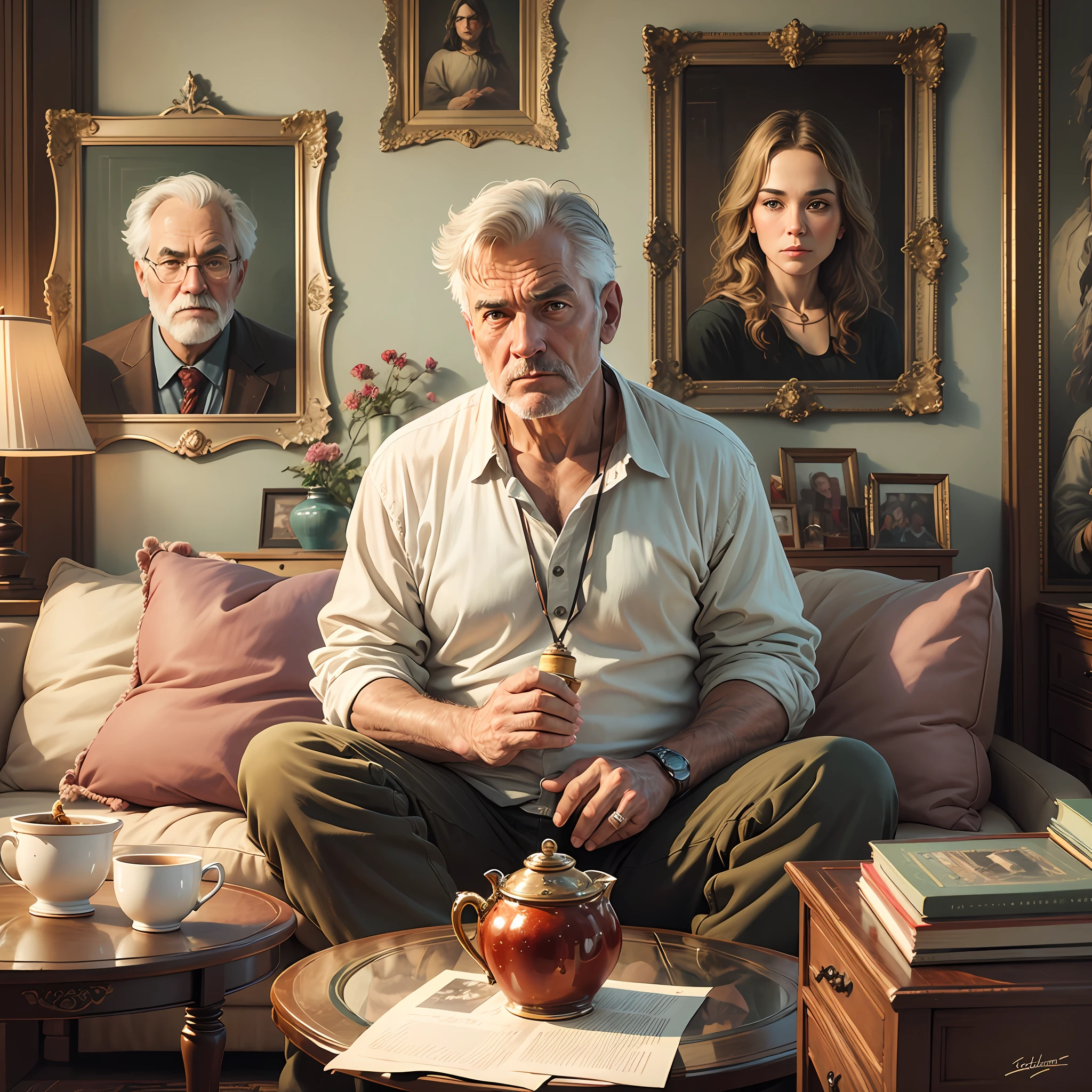 The middle-aged man sat on the sofa, and there were two oil paintings hanging in the room, and the room was large --auto --s2
