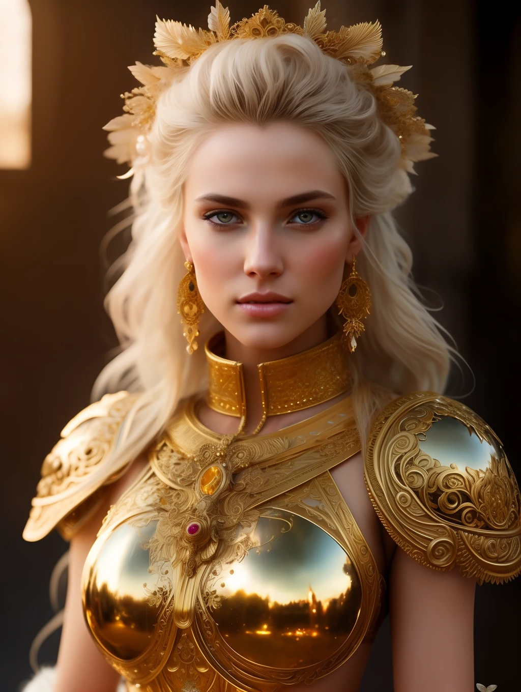 full body wide shot, beautiful woman, extremely beautiful face, messy windy blonde hair, warrior wearing heavy golden body armor insanely detailed and intricate , hypermaximalist, elegant, ornate, hyper realistic, super detailed, cinematic light, dark fantasy, ConceptArtWorld, apocalyptic,grouchy, masterpiece,