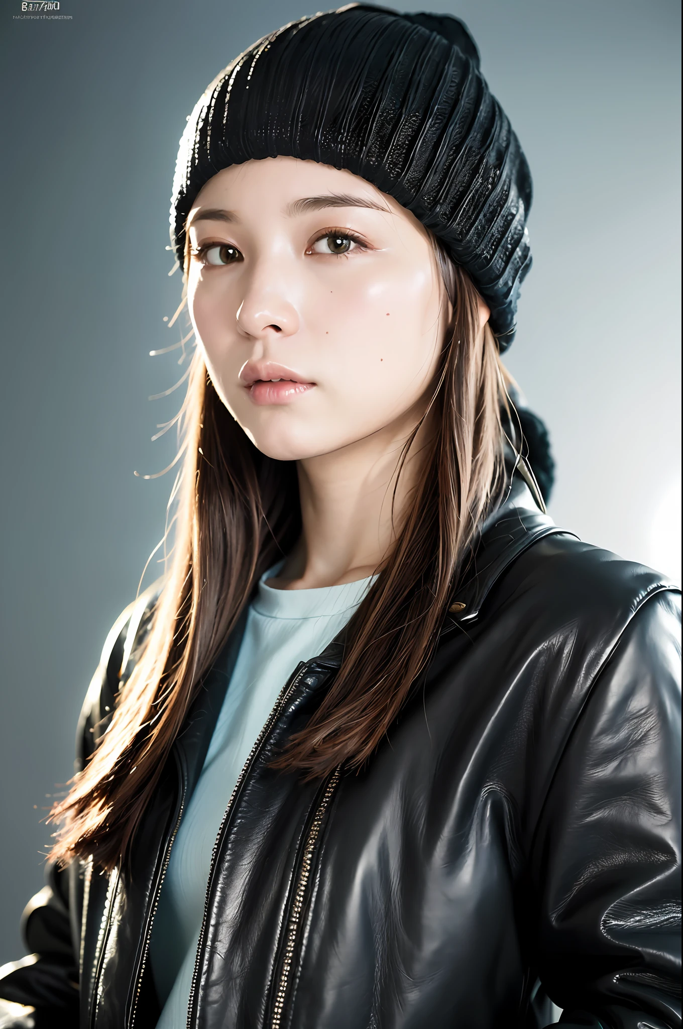 (
(8k:1.27), best quality, masterpiece, ultra highres:1.2) Photo of Pretty Japanese woman
(beautiful:1.1) (sci-fi warrior woman:1.1) space soldier, (beanie:1.61) (leather jacket:1.21) intricate elegant, fantasy, detailed, ometric by greg rutkowski and alphonse mucha, gradient lighting