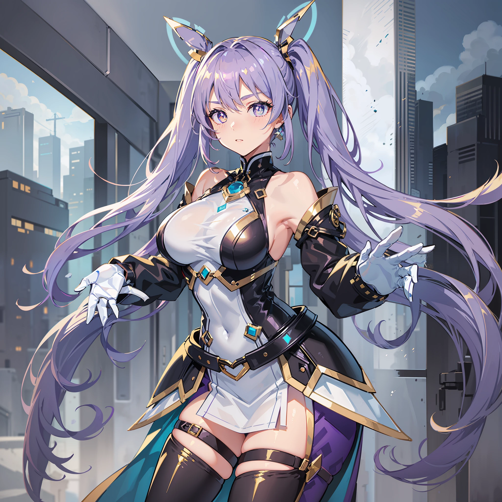 ({best quality}),(Ultra Fine),single girl,alone,19 years old,well_developed curves,curvaceous_body,hourglass_figure,perspective,beautiful_face,high_quality_outfits,futuristic_outfits,silght_blush,full_body,full detail face,protective outfits;

(Violet hair:1.4),indigo hair tips,violet (helix-shaped twintails:1.35),two long fin-shaped white hairclips,pointing upwards;(golden eyes:1.6),( white hilted pupils:1.4),golden holographic one-piece goggle eyeglasses on eyes;one hexagon aqua locket on breast

Futuristic battlesuit,covering all body,fitting body curves,white armored shoulder pads,black long slender sleeves,white armored gauntlets with violet decorations,black gloves,white tanktop,white vest with aqua trim,black armored corset,two aqua buttons,aqua zipper,white waistband with four gadget holsters,an aqua stripe framing breast,white trimmed armor skirts,white and aqua-edged armor tassets,black  trousers,white stockings,white leggings with hexagon aqua patterns,silver waistband with gadget holsters;silver mechanic boots,heeled boots;

White mechanic backpack on back;

Rainy weather,night,stormy sky in background,rainy weather,floating in midair,overlooking city from midair,calm expression,vigilat gaze,stretching hands,standing,looking forwards